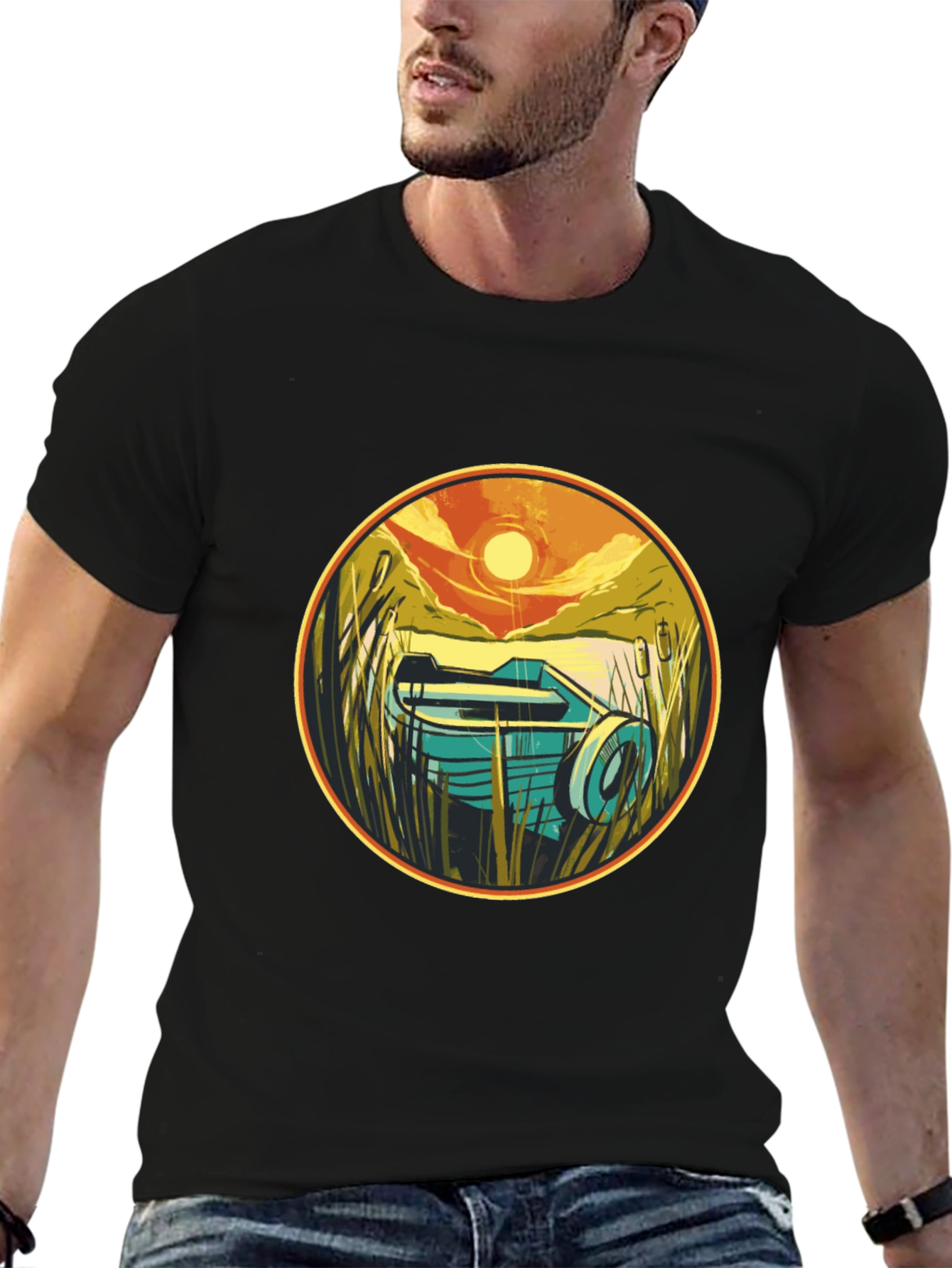 Retro Boat Sunset Graphic Tee - Black
