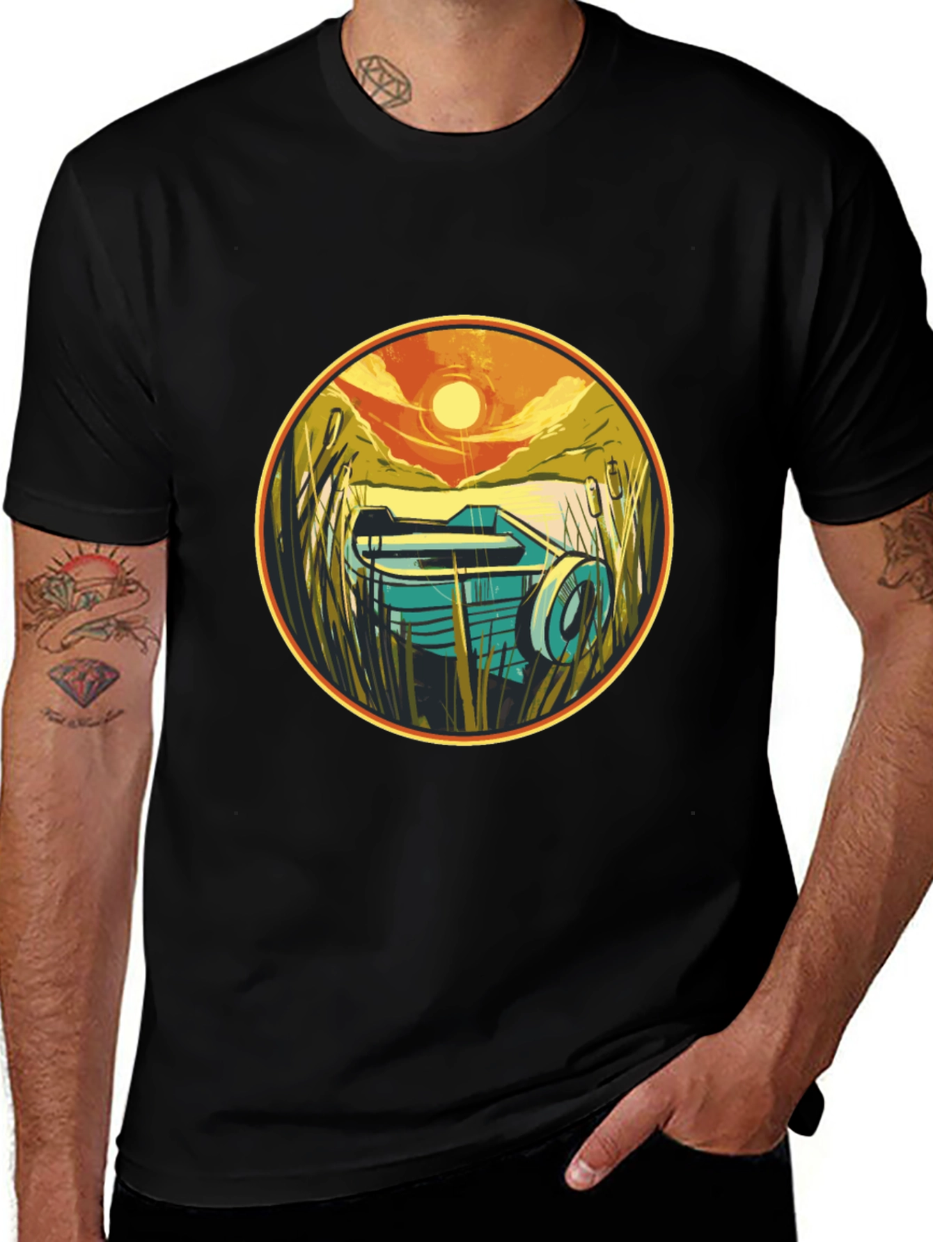Retro Boat Sunset Graphic Tee - Black