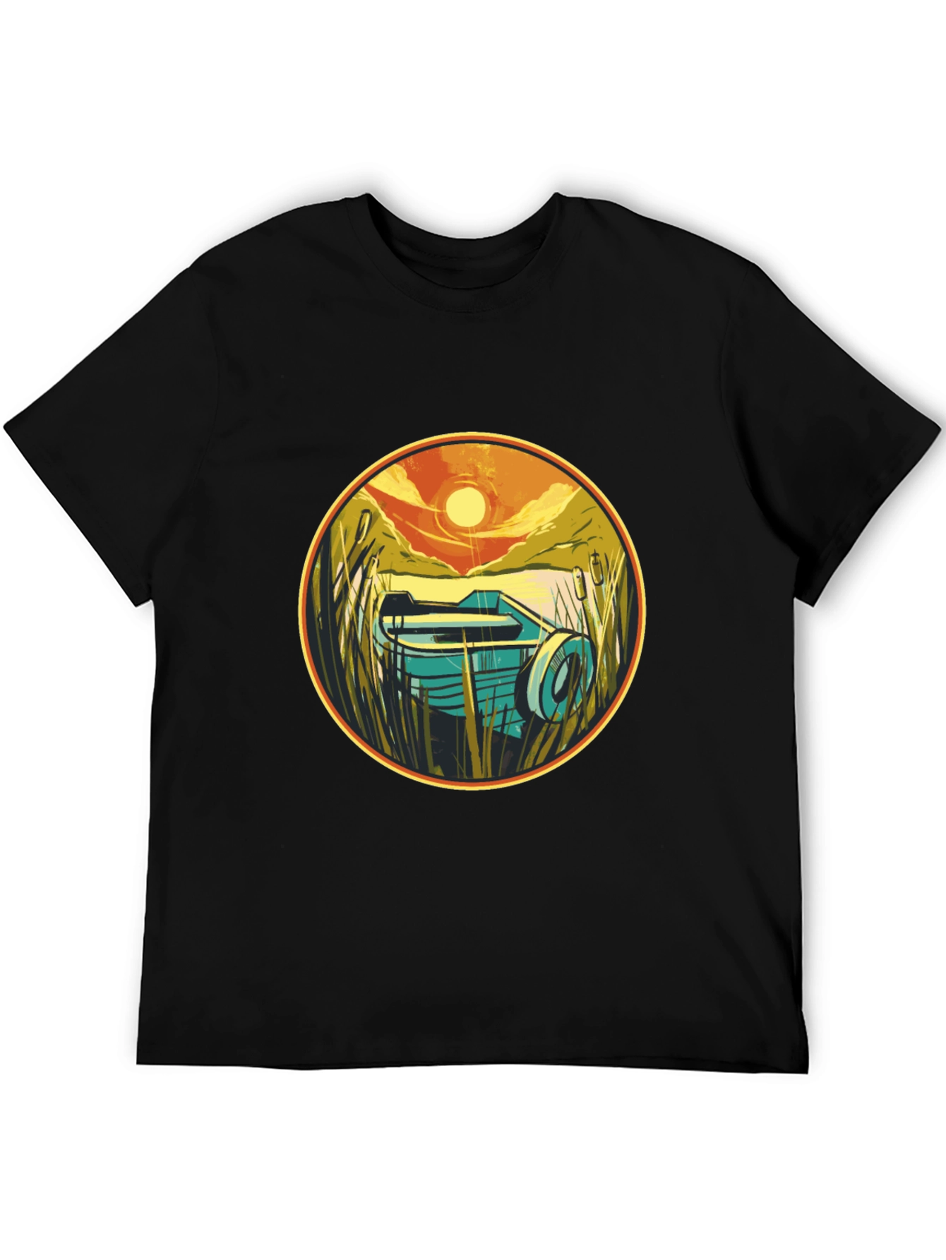 Retro Boat Sunset Graphic Tee - Black