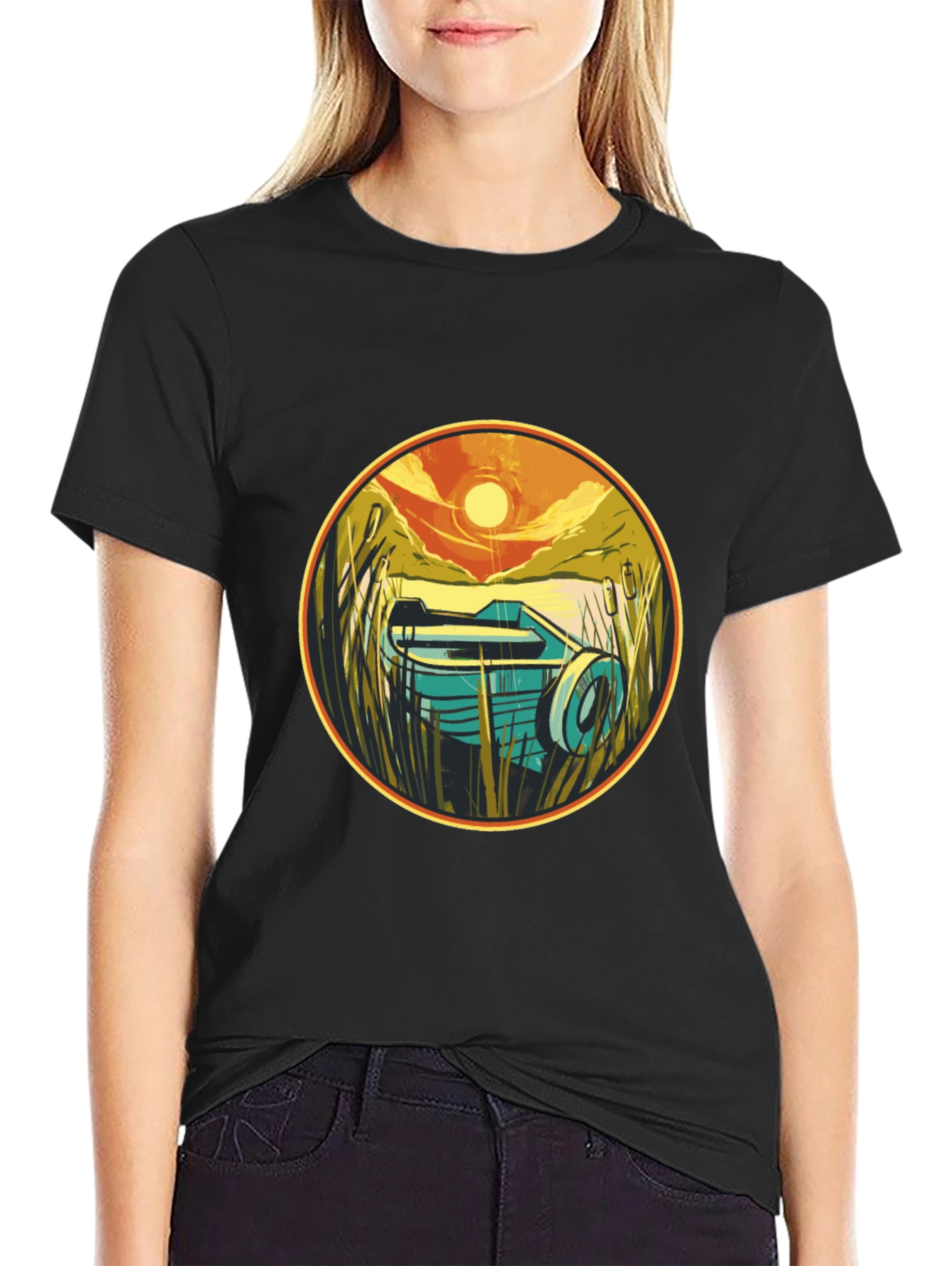 Retro Boat Sunset Graphic Tee - Black