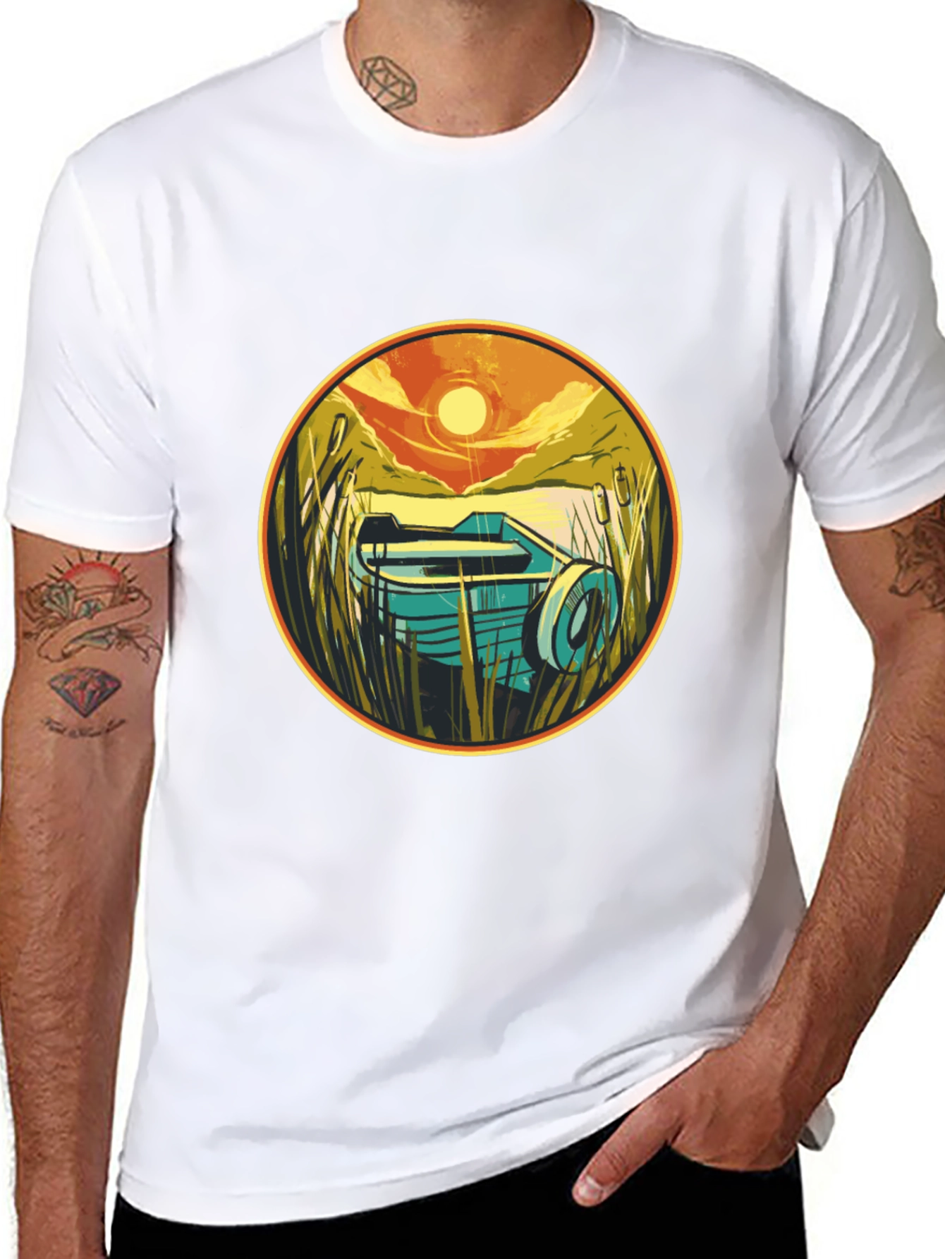 Retro Boat Sunset Graphic Tee - Black