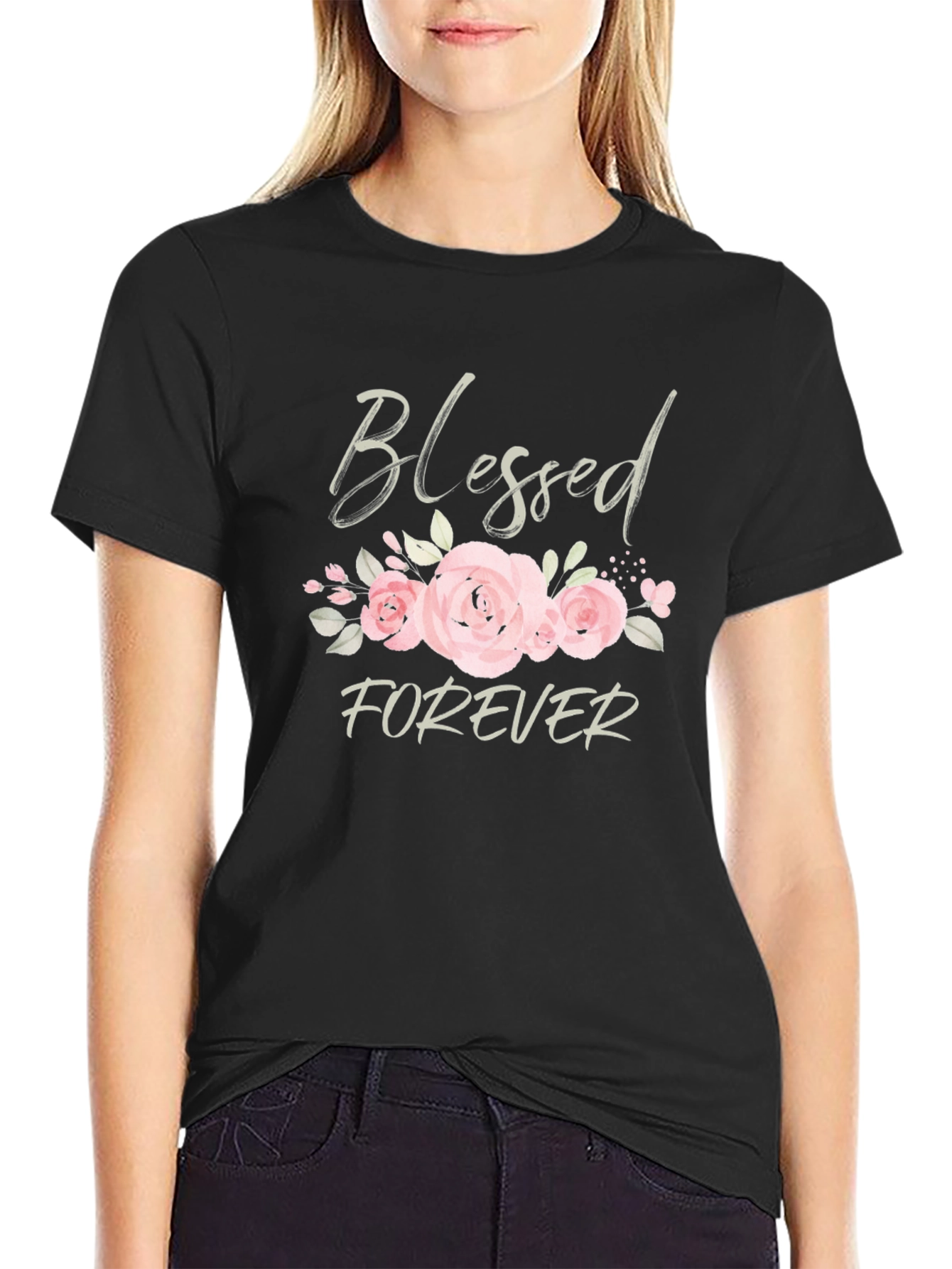 Blessed Forever Floral Graphic Tee - Black