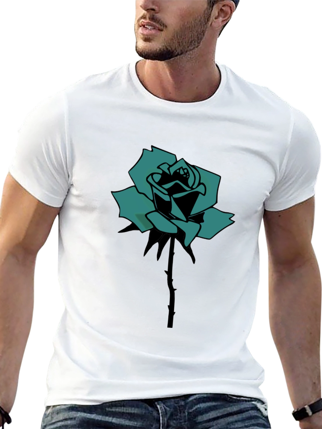 Black T-Shirt with Teal Rose Print