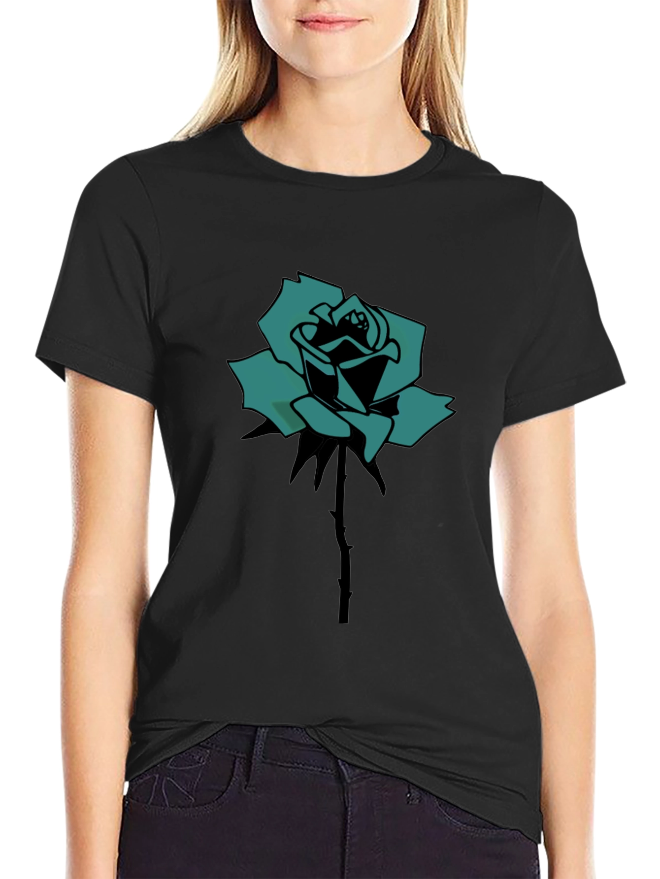 Black T-Shirt with Teal Rose Print