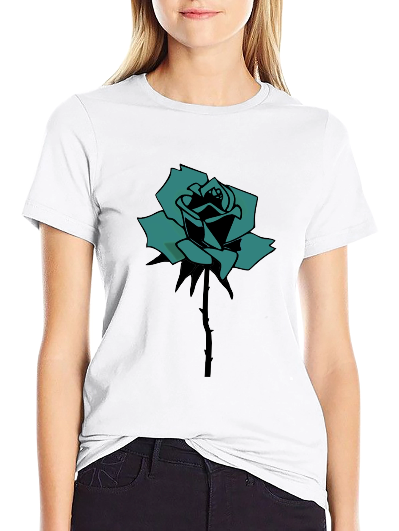 Black T-Shirt with Teal Rose Print