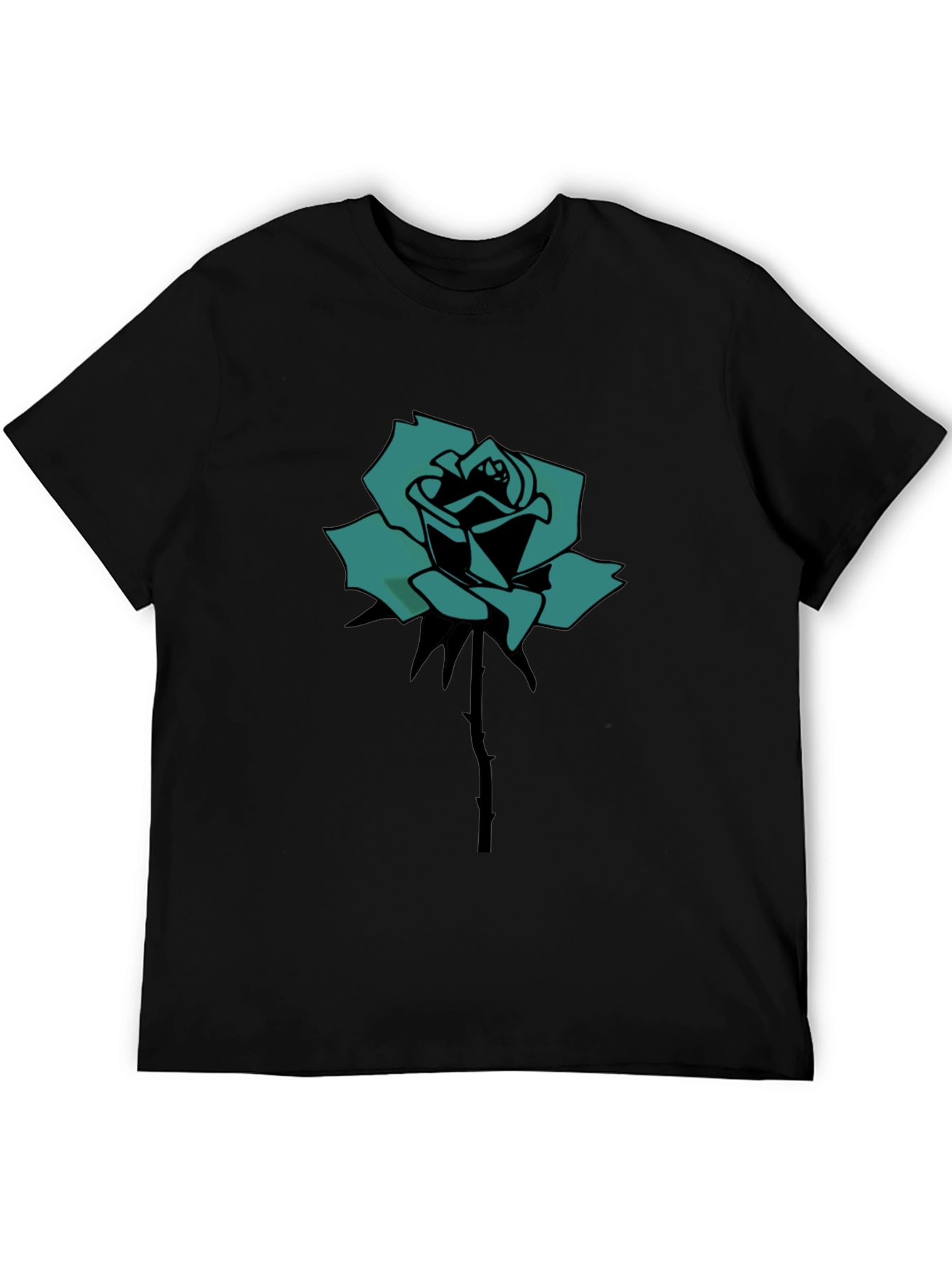 Black T-Shirt with Teal Rose Print