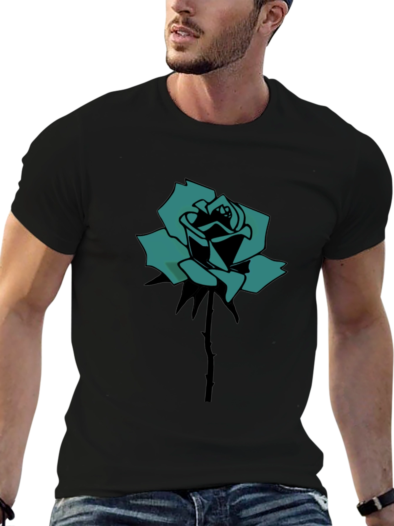 Black T-Shirt with Teal Rose Print