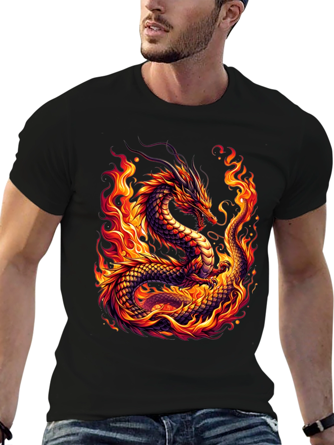 Fiery Dragon Graphic Tee - Bold Black Shirt