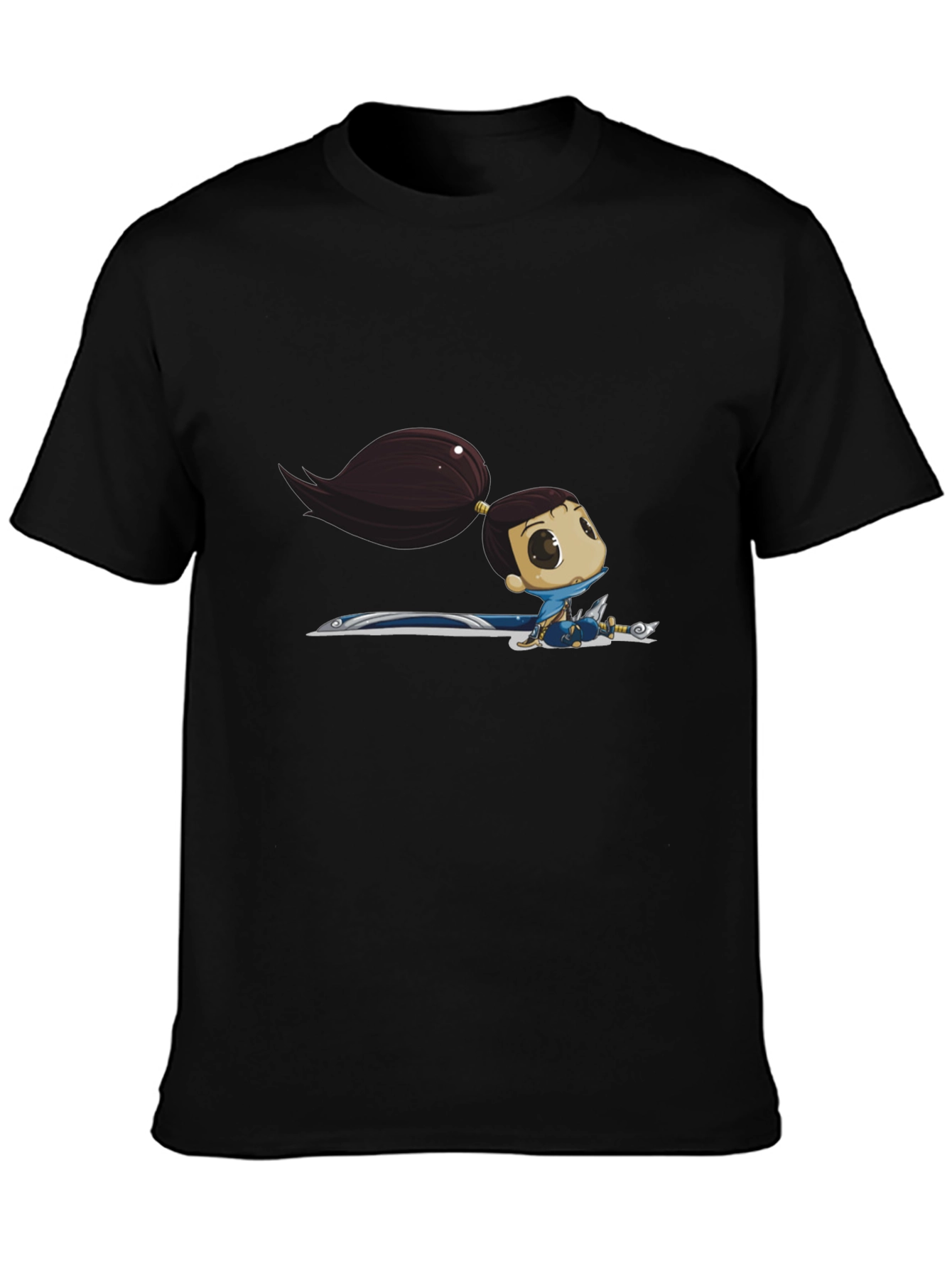 Black T-Shirt with Cartoon Warrior Girl Graphic