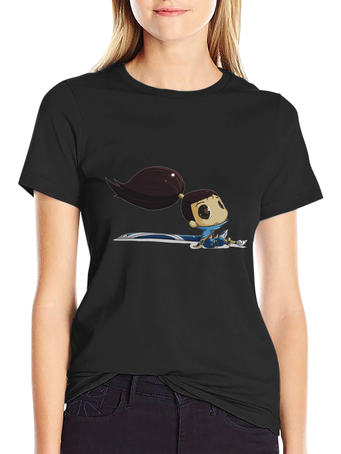 Black T-Shirt with Cartoon Warrior Girl Graphic