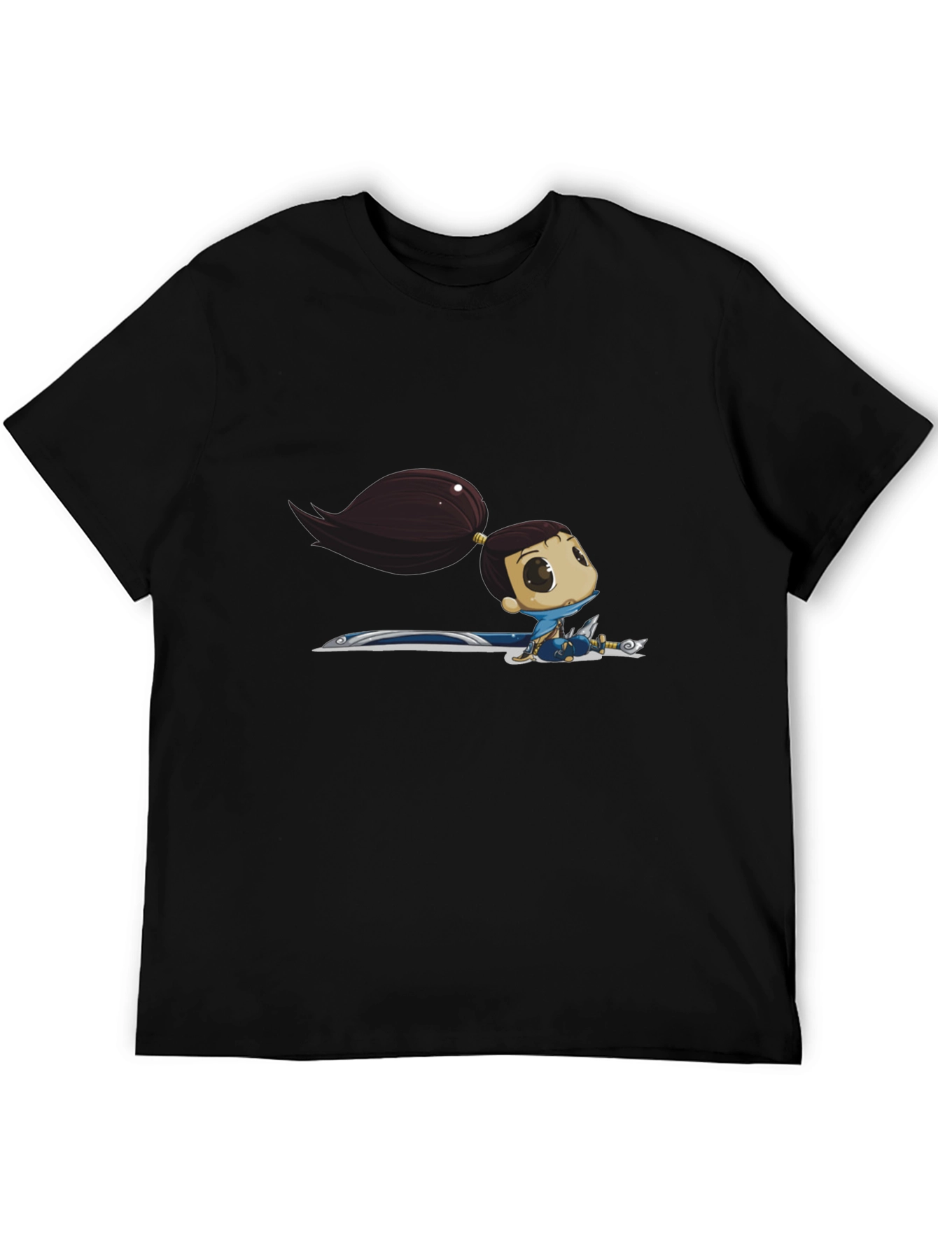 Black T-Shirt with Cartoon Warrior Girl Graphic