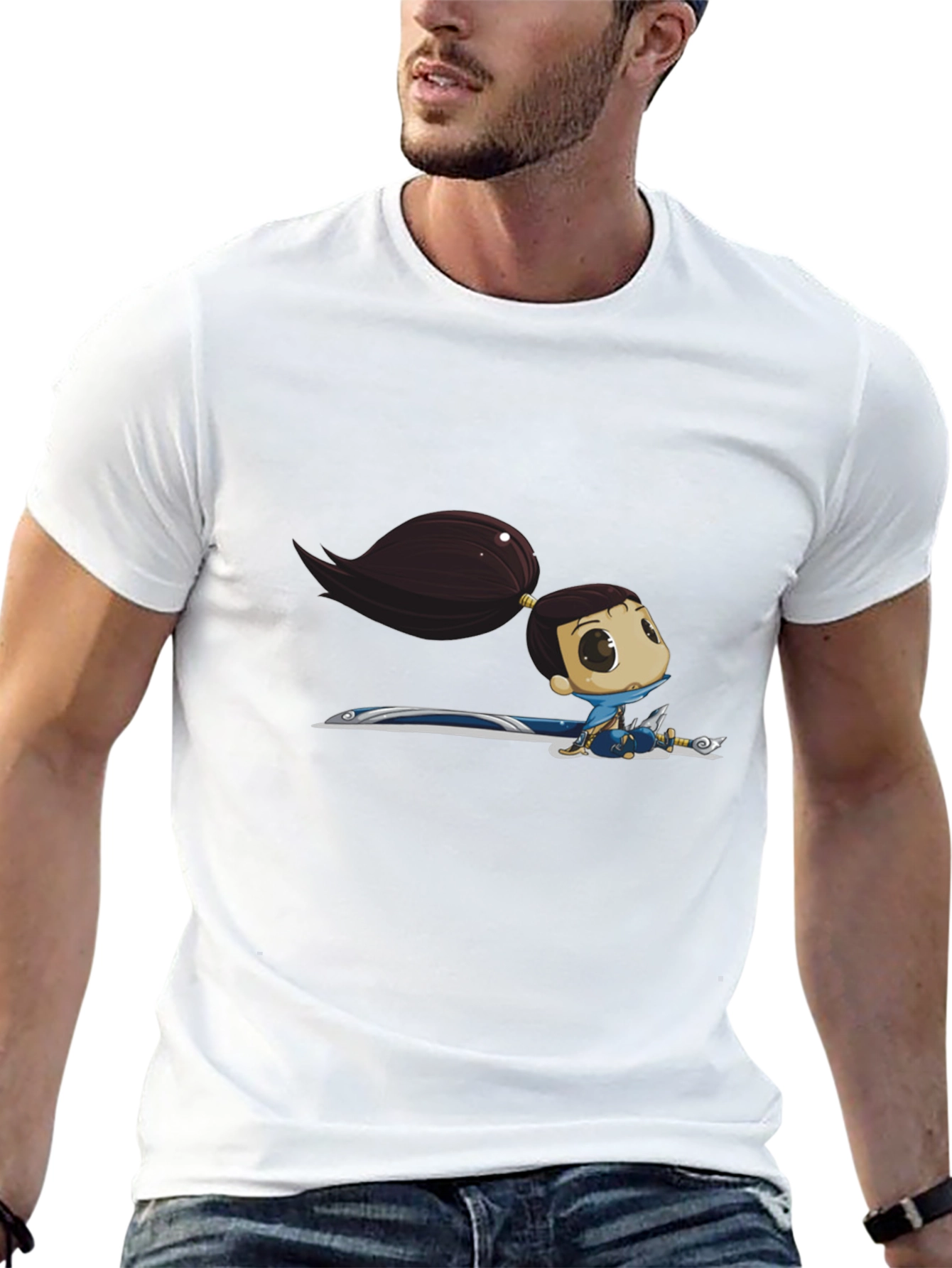 Black T-Shirt with Cartoon Warrior Girl Graphic