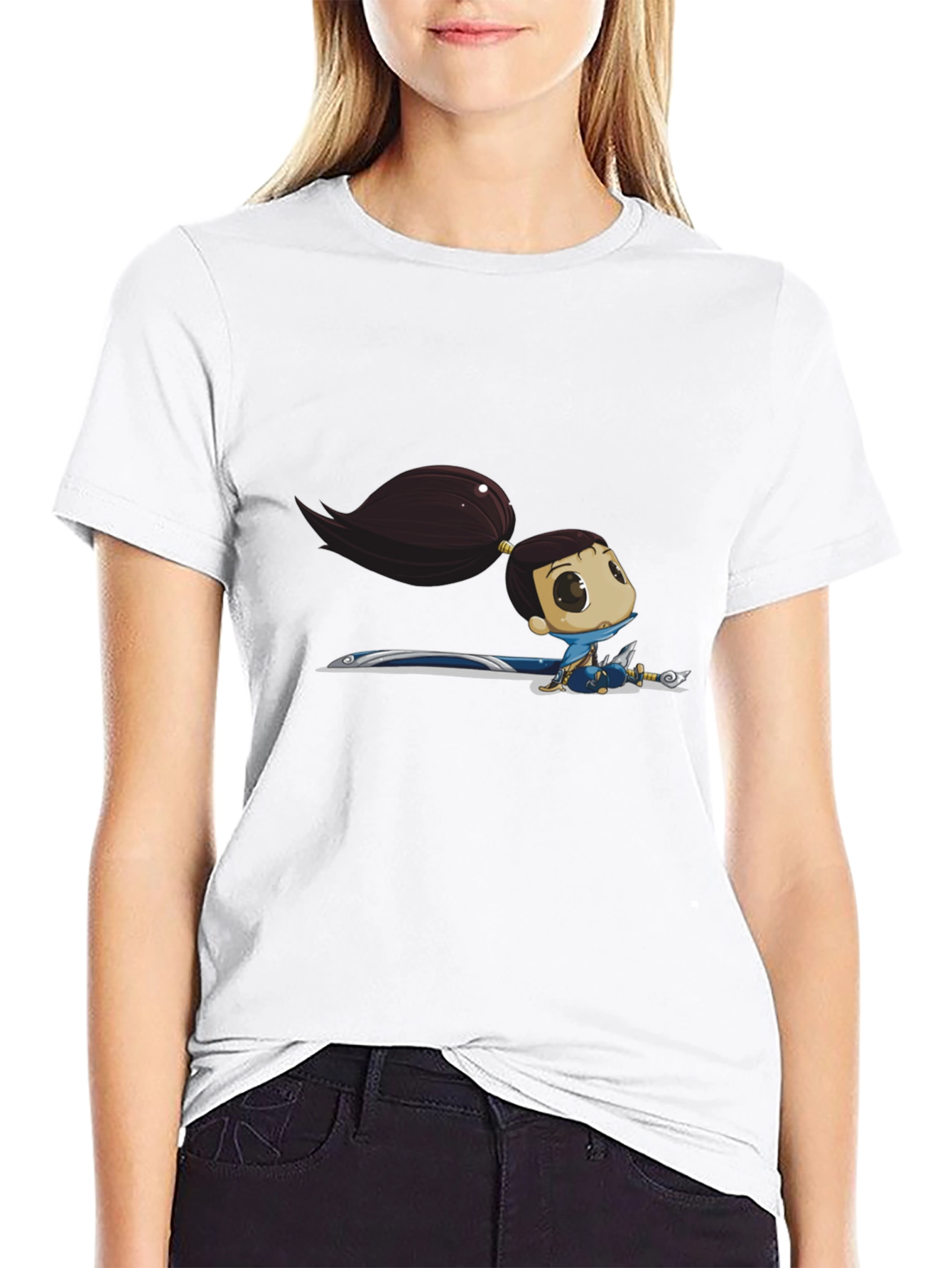Black T-Shirt with Cartoon Warrior Girl Graphic