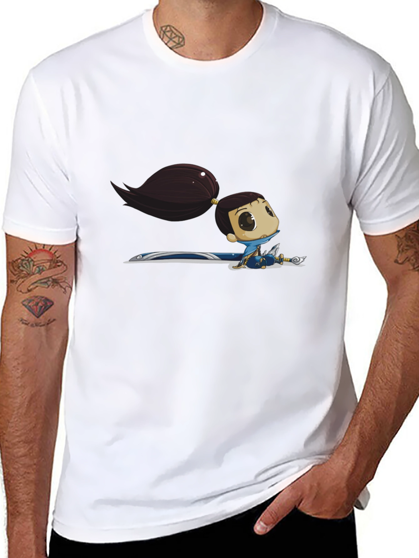 Black T-Shirt with Cartoon Warrior Girl Graphic
