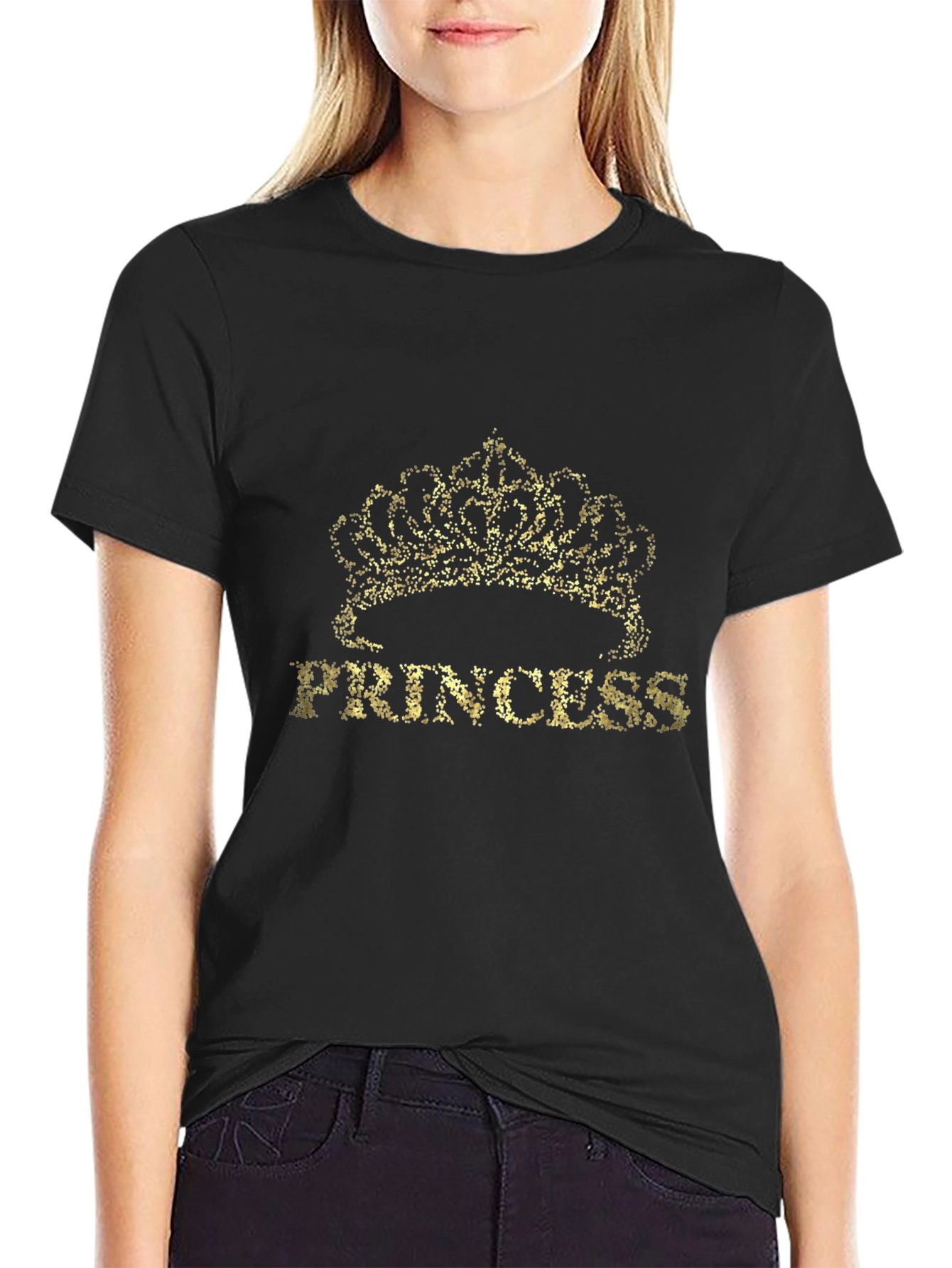 Princess Crown Gold Glitter Graphic Black T-Shirt