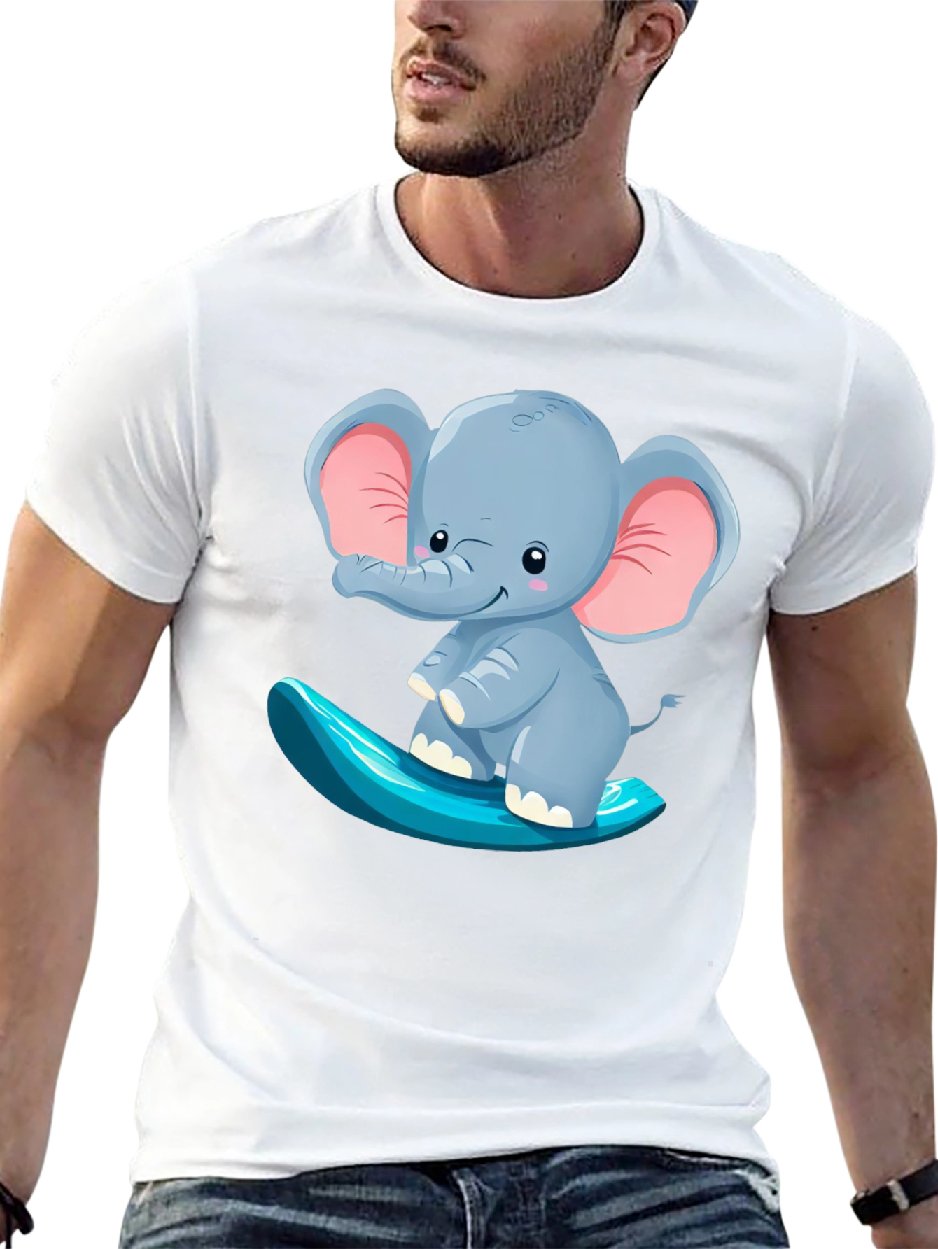 Cute Elephant Surfing Tee - Black Cotton T-Shirt