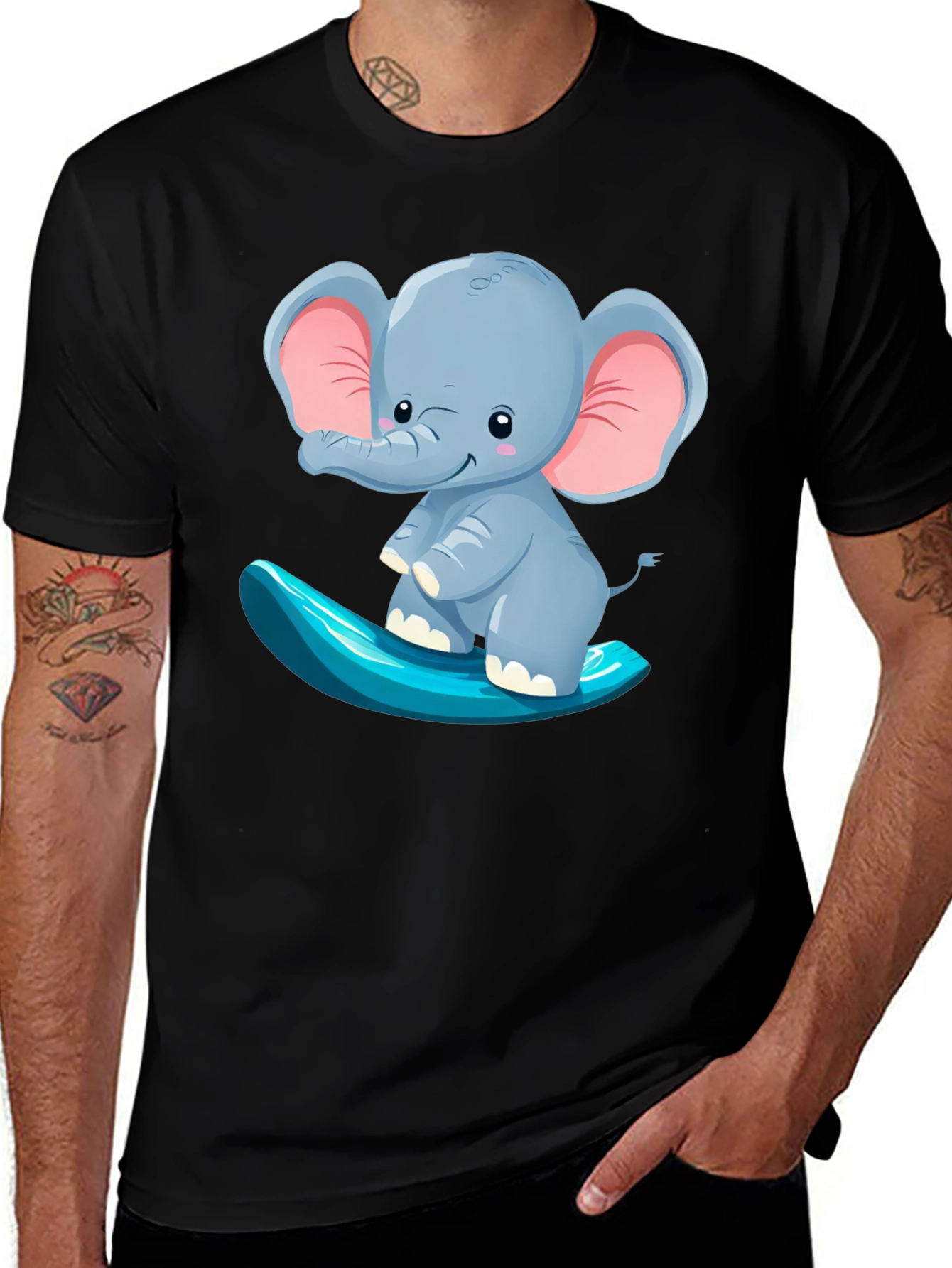 Cute Elephant Surfing Tee - Black Cotton T-Shirt