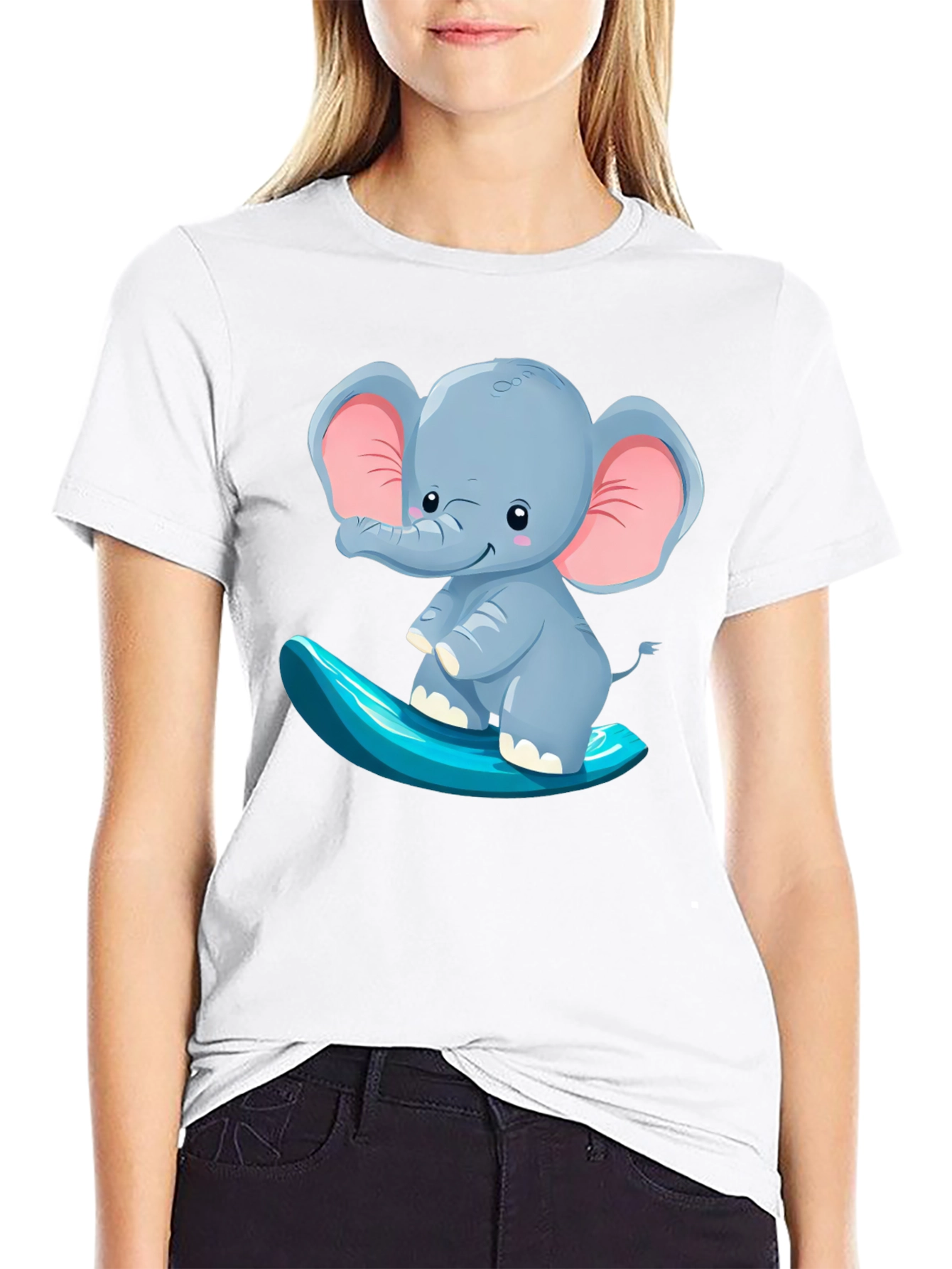 Cute Elephant Surfing Tee - Black Cotton T-Shirt