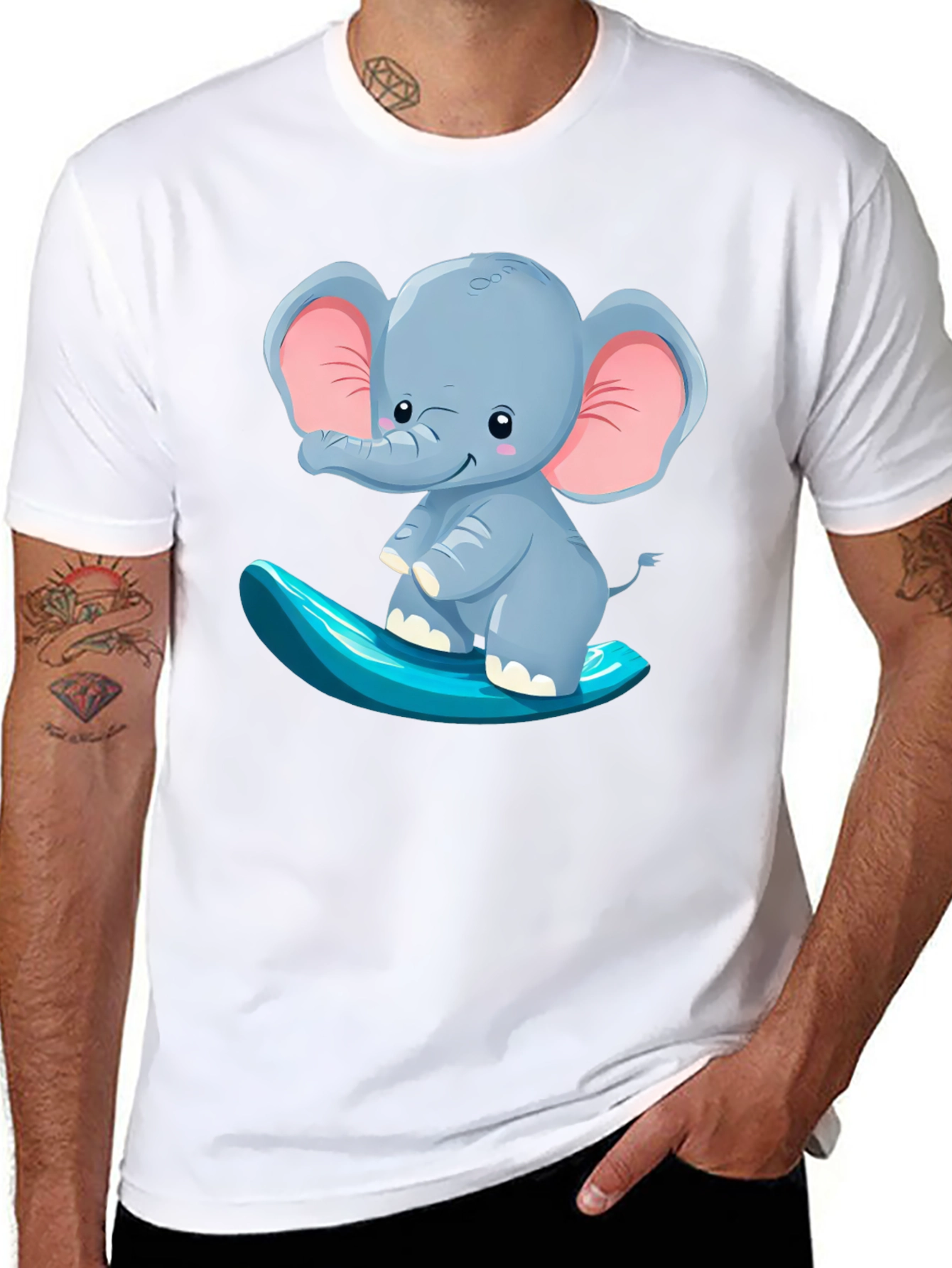 Cute Elephant Surfing Tee - Black Cotton T-Shirt