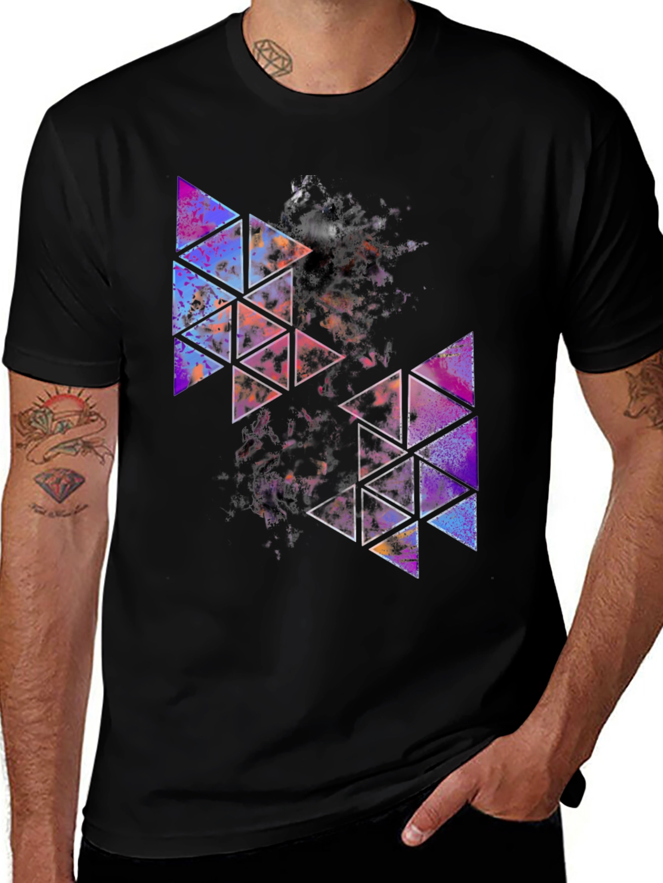 Geometric Triangle Print Mens Black T-Shirt