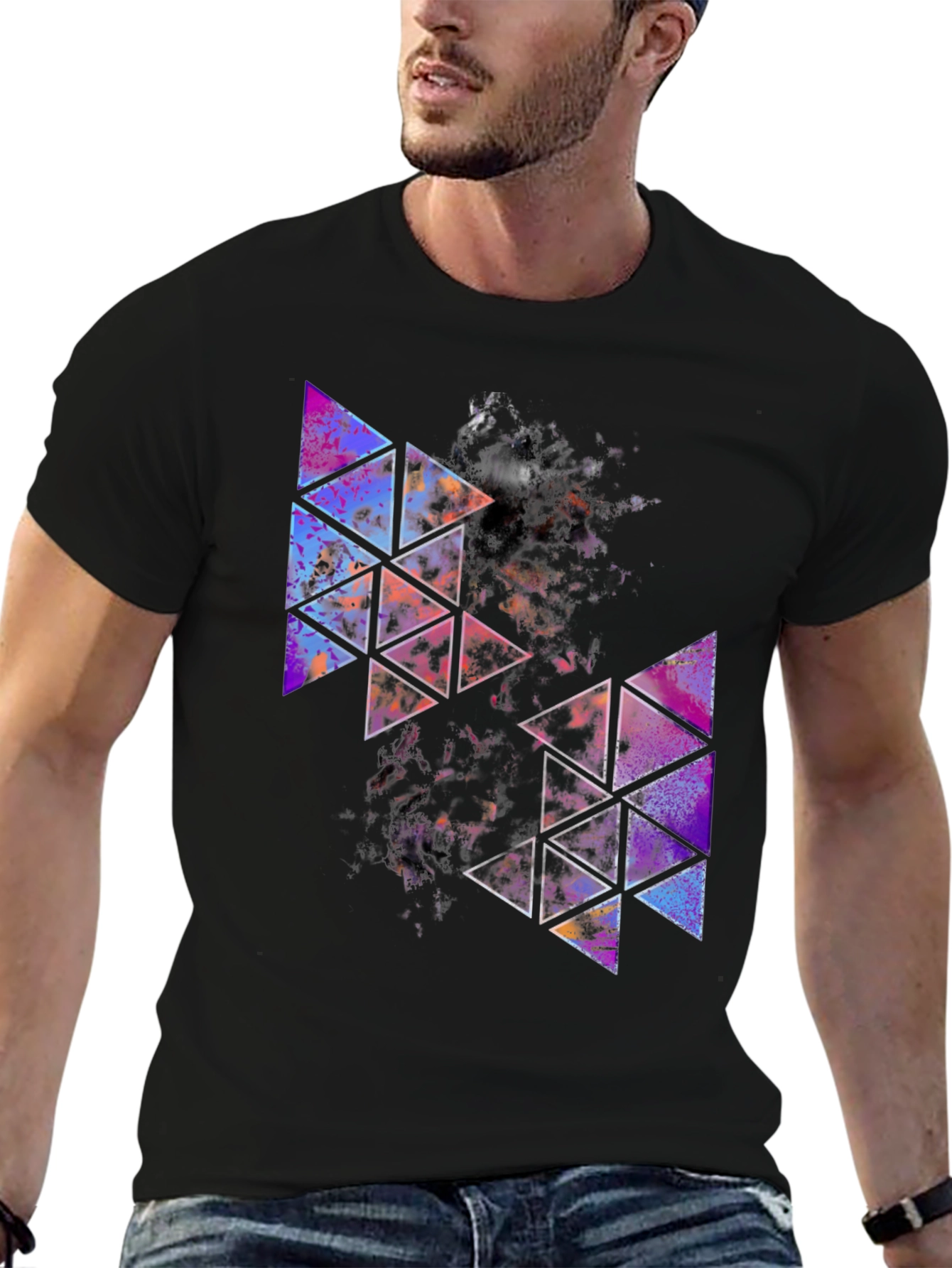 Geometric Triangle Print Mens Black T-Shirt