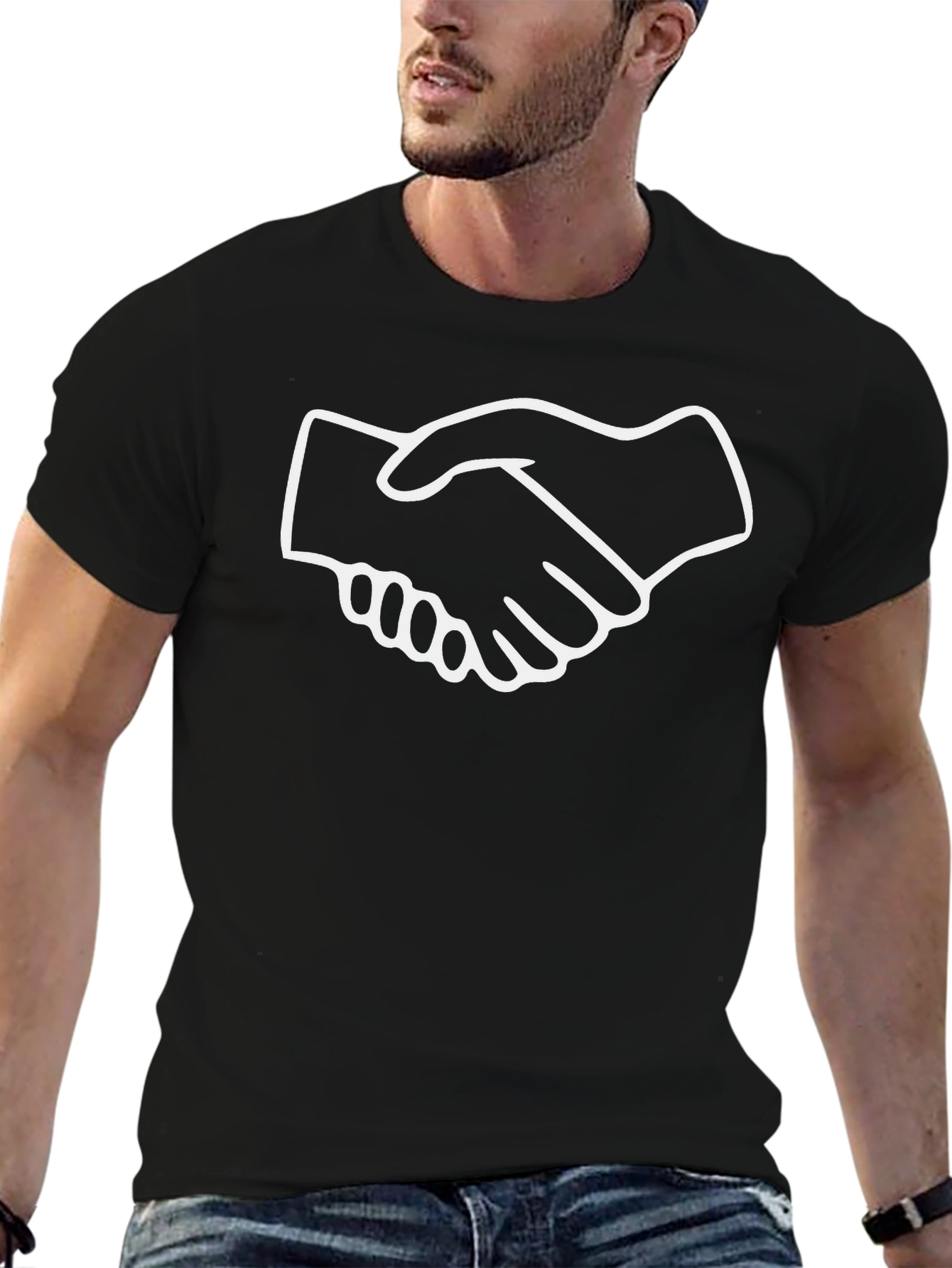 Black T-Shirt with Handshake Graphic