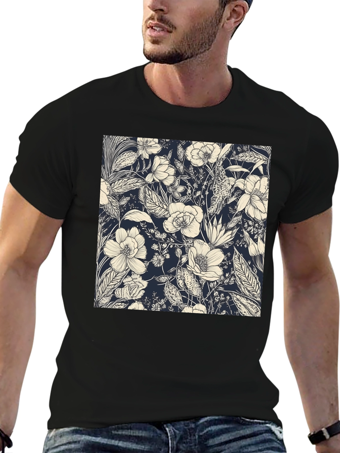 Floral Print Black Tee - Stylish Botanical Design