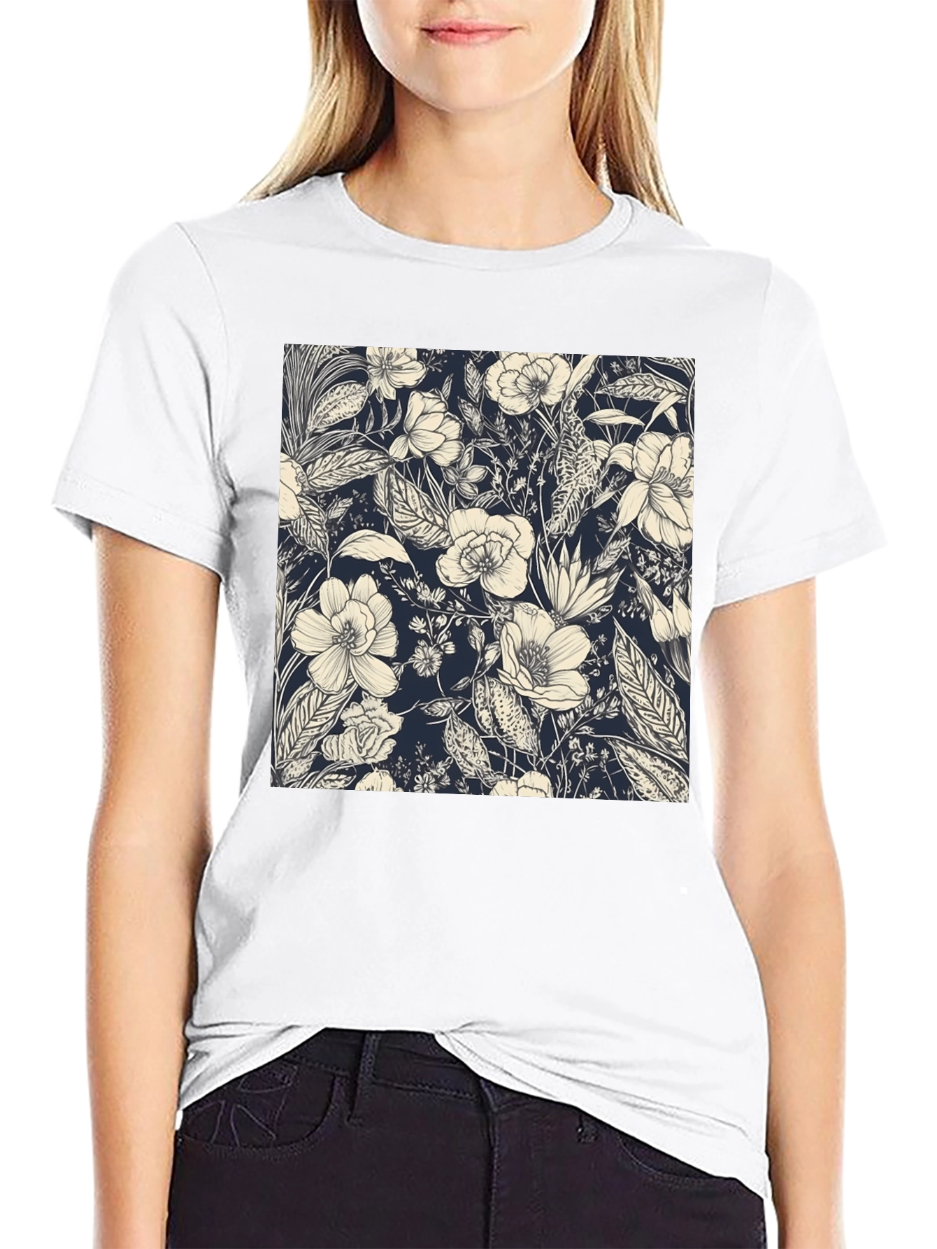 Floral Print Black Tee - Stylish Botanical Design