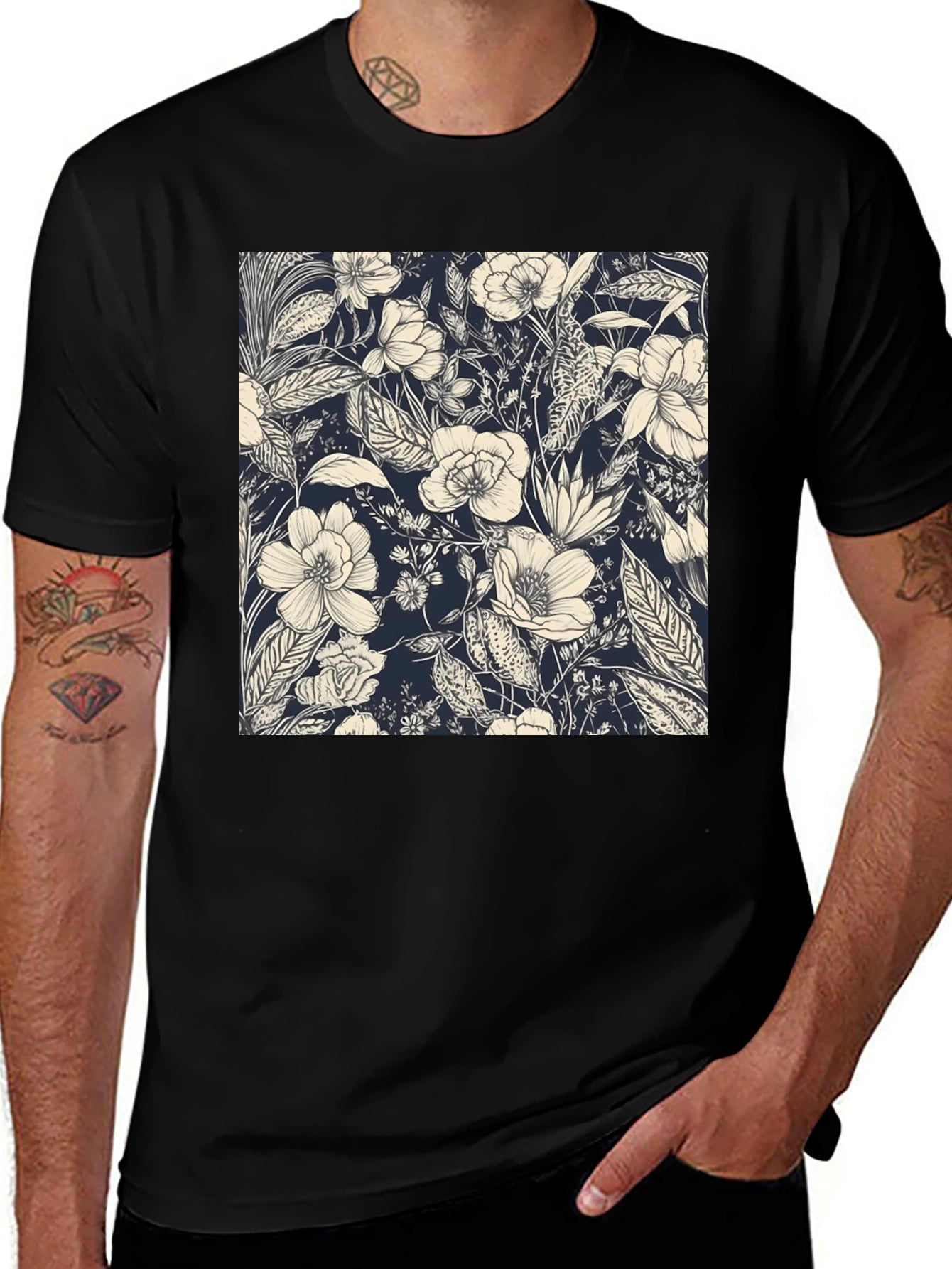 Floral Print Black Tee - Stylish Botanical Design