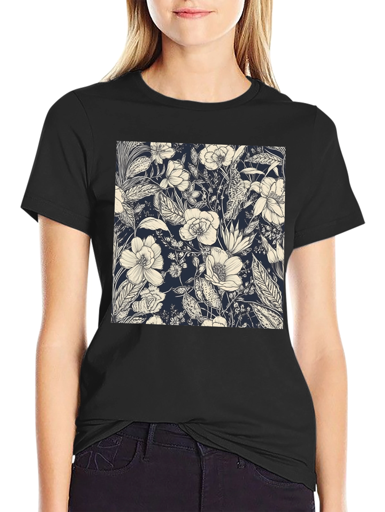 Floral Print Black Tee - Stylish Botanical Design