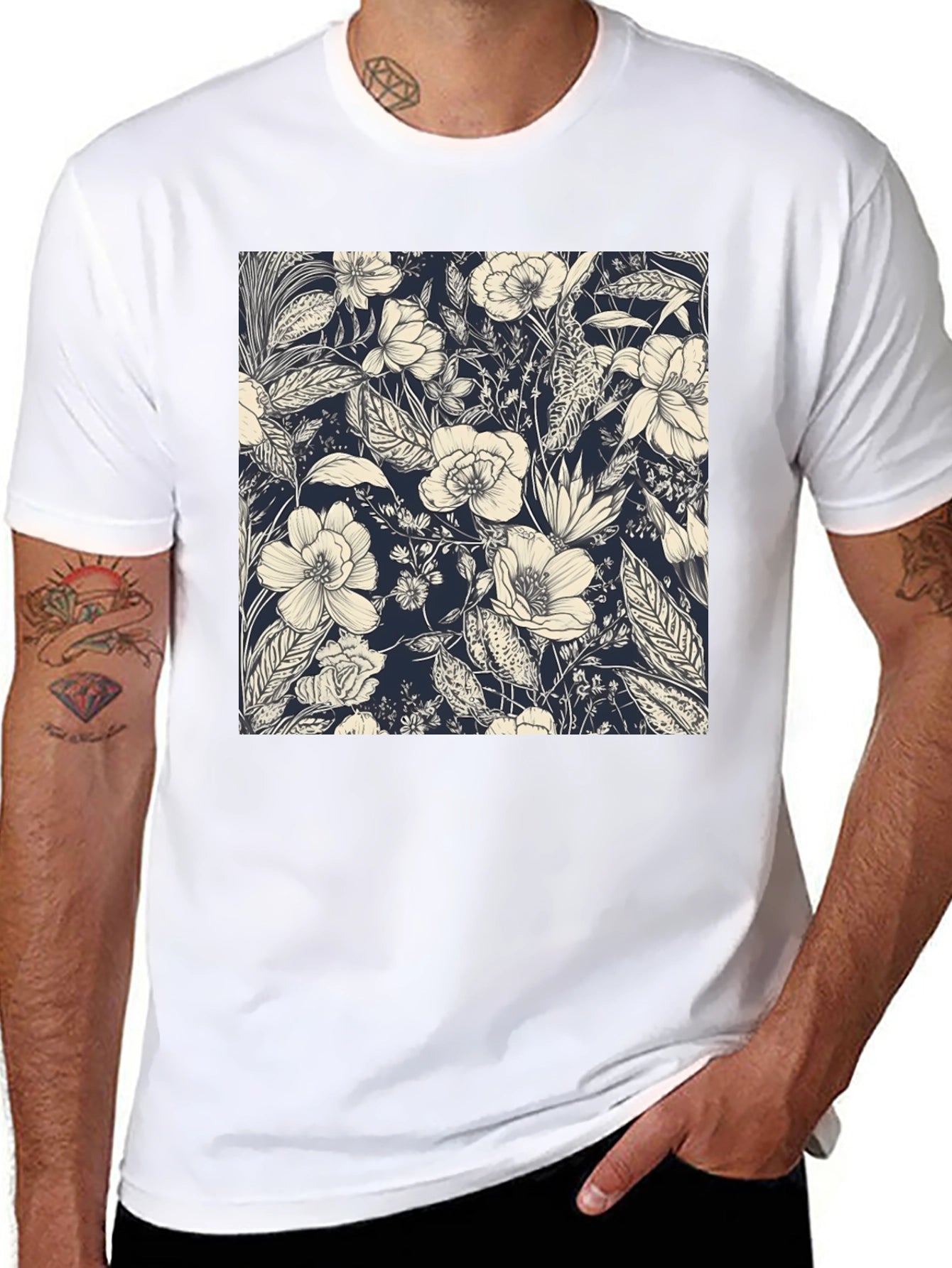 Floral Print Black Tee - Stylish Botanical Design