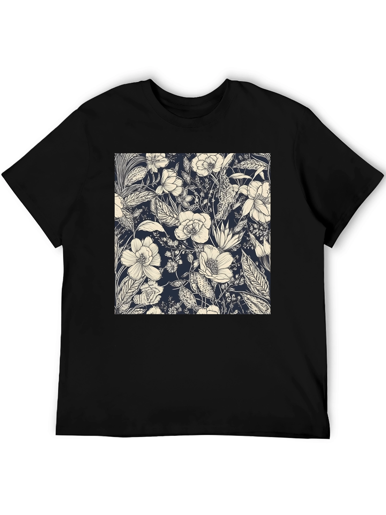 Floral Print Black Tee - Stylish Botanical Design