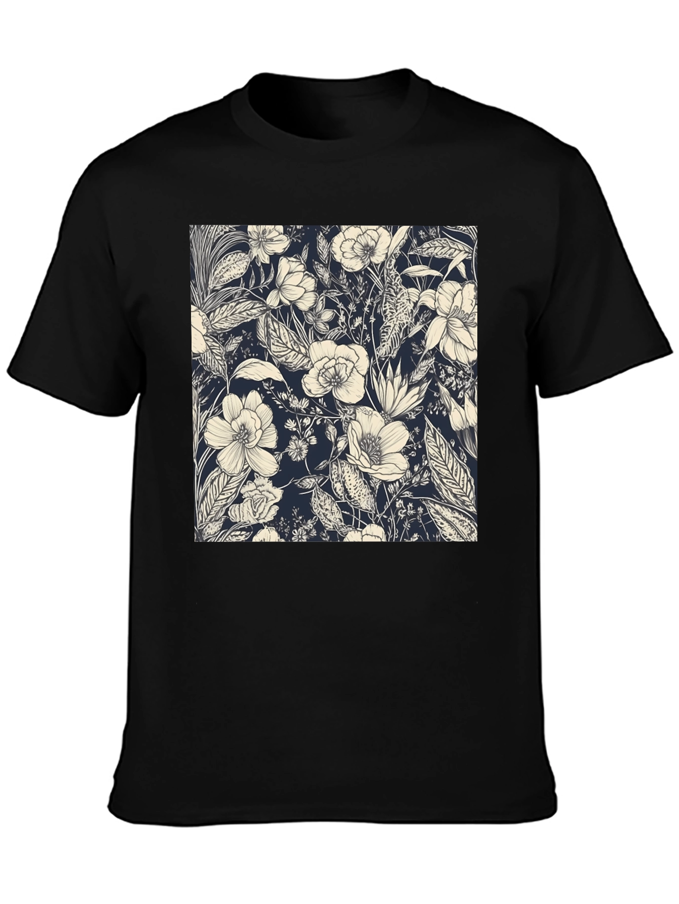 Floral Print Black Tee - Stylish Botanical Design