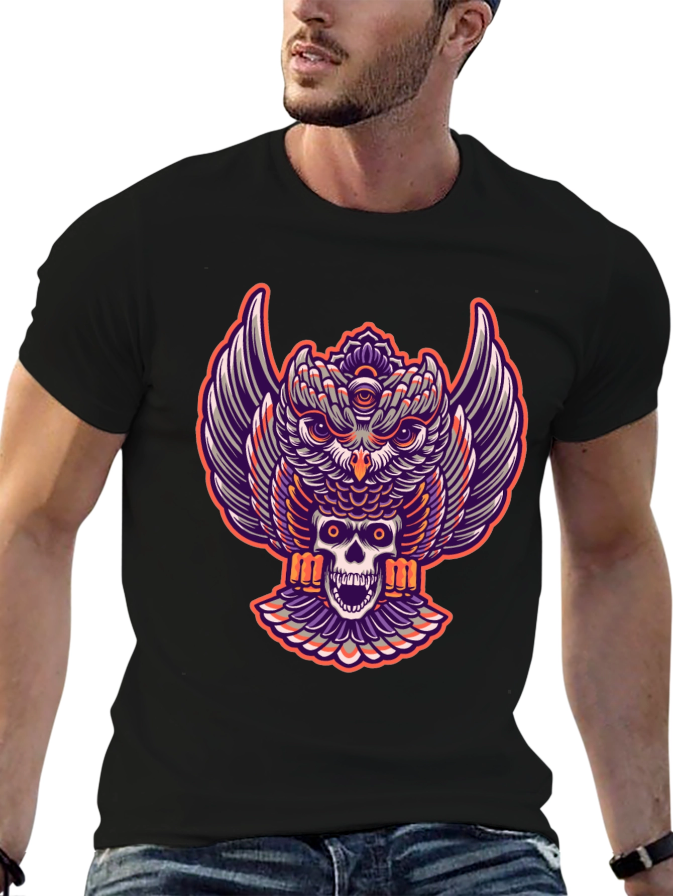 Owl and Skull Graphic Tee - Black T-Shirt