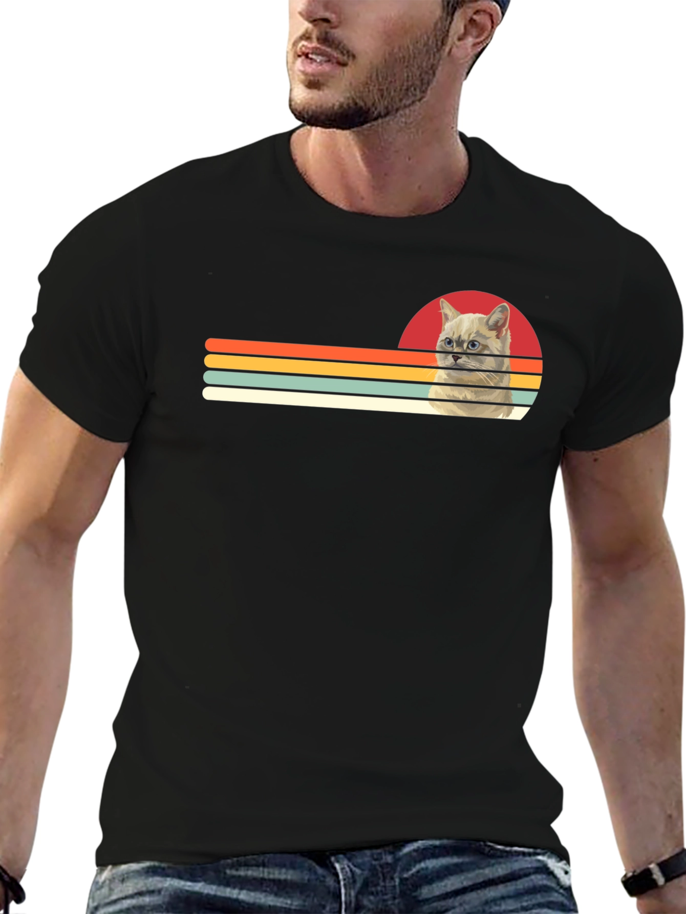 Retro Cat Graphic Tee - Black Cotton T-Shirt