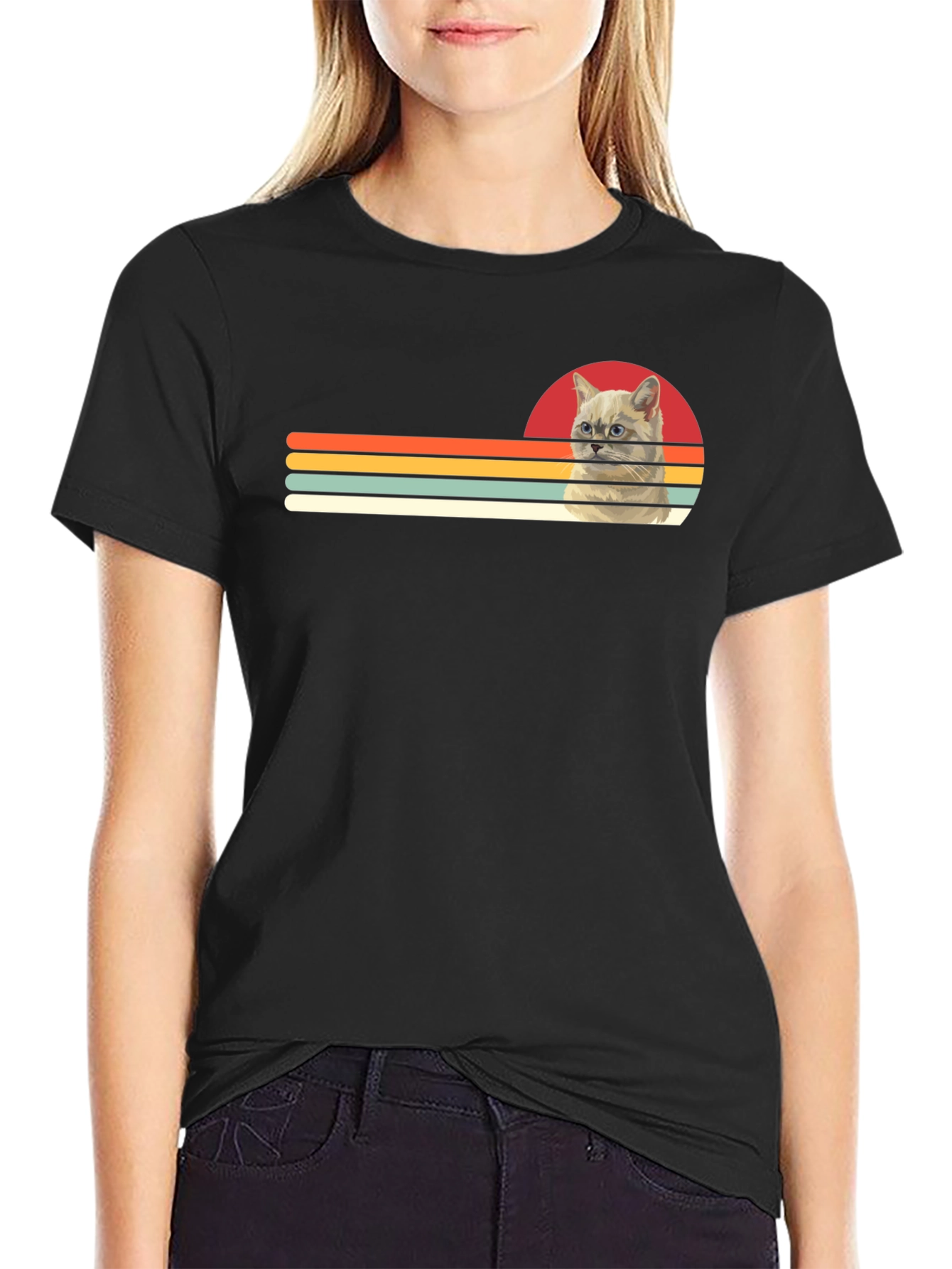 Retro Cat Graphic Tee - Black Cotton T-Shirt