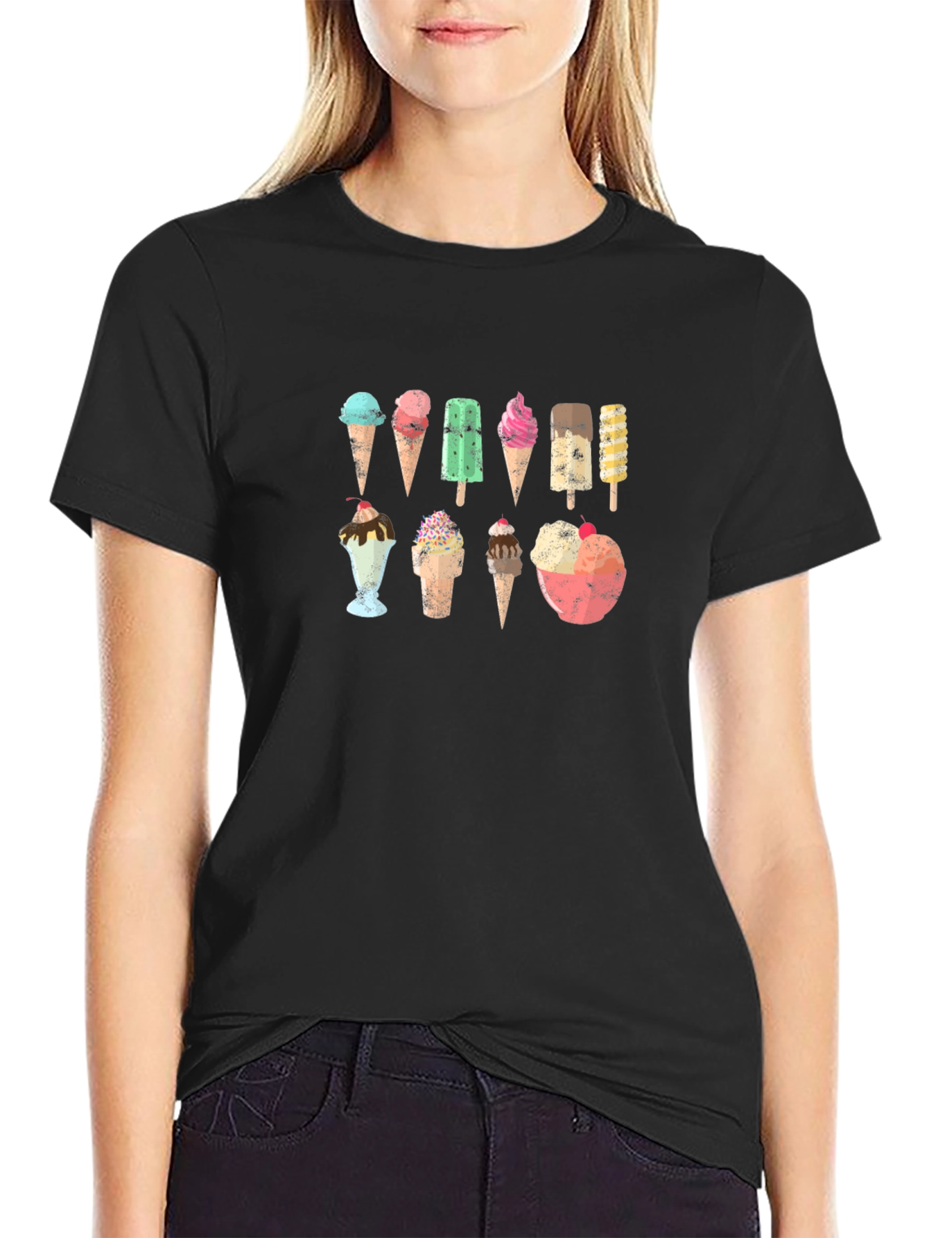 Ice Cream Print Black T-Shirt