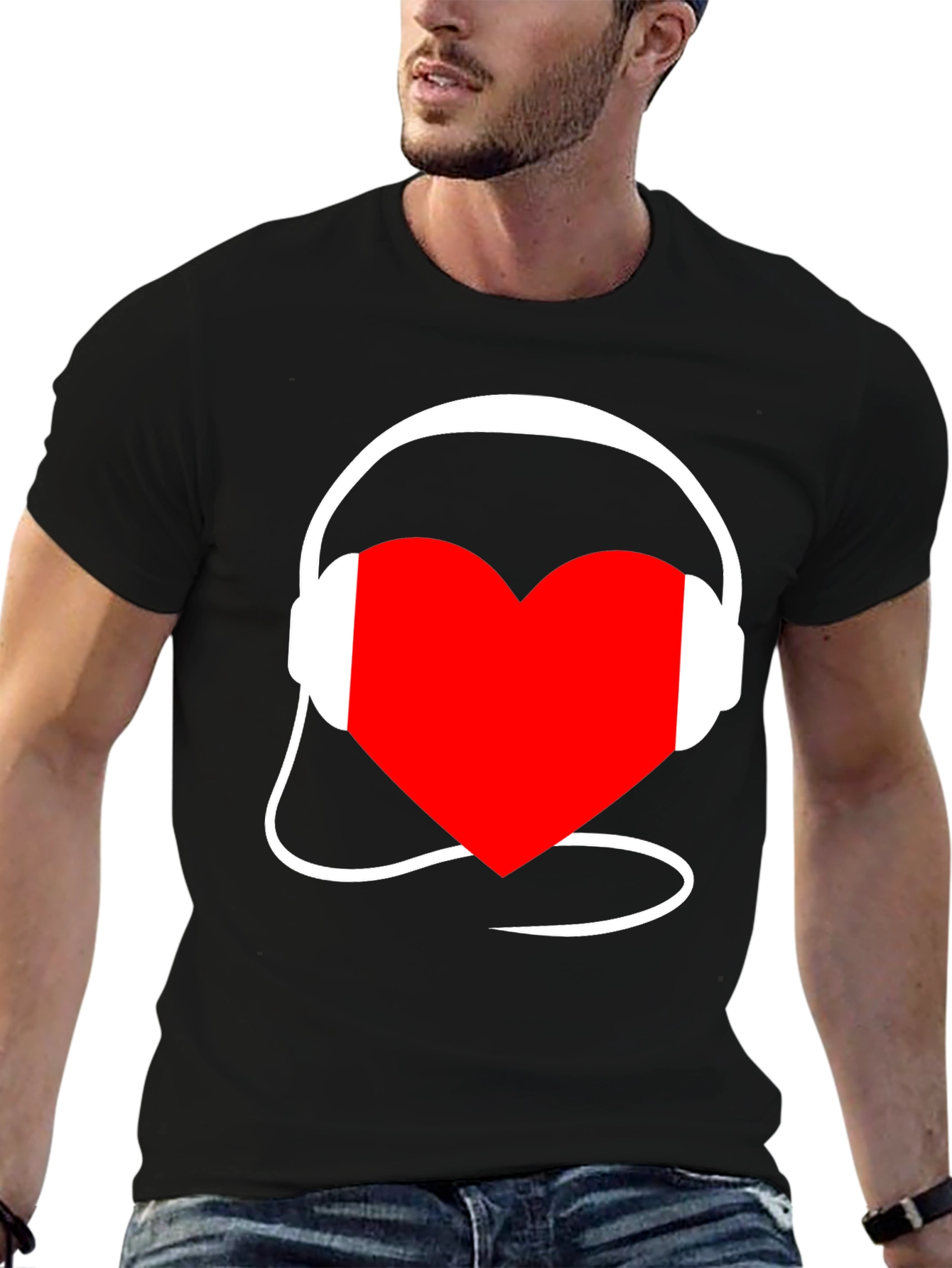 Heart Music Headphones Black T-Shirt