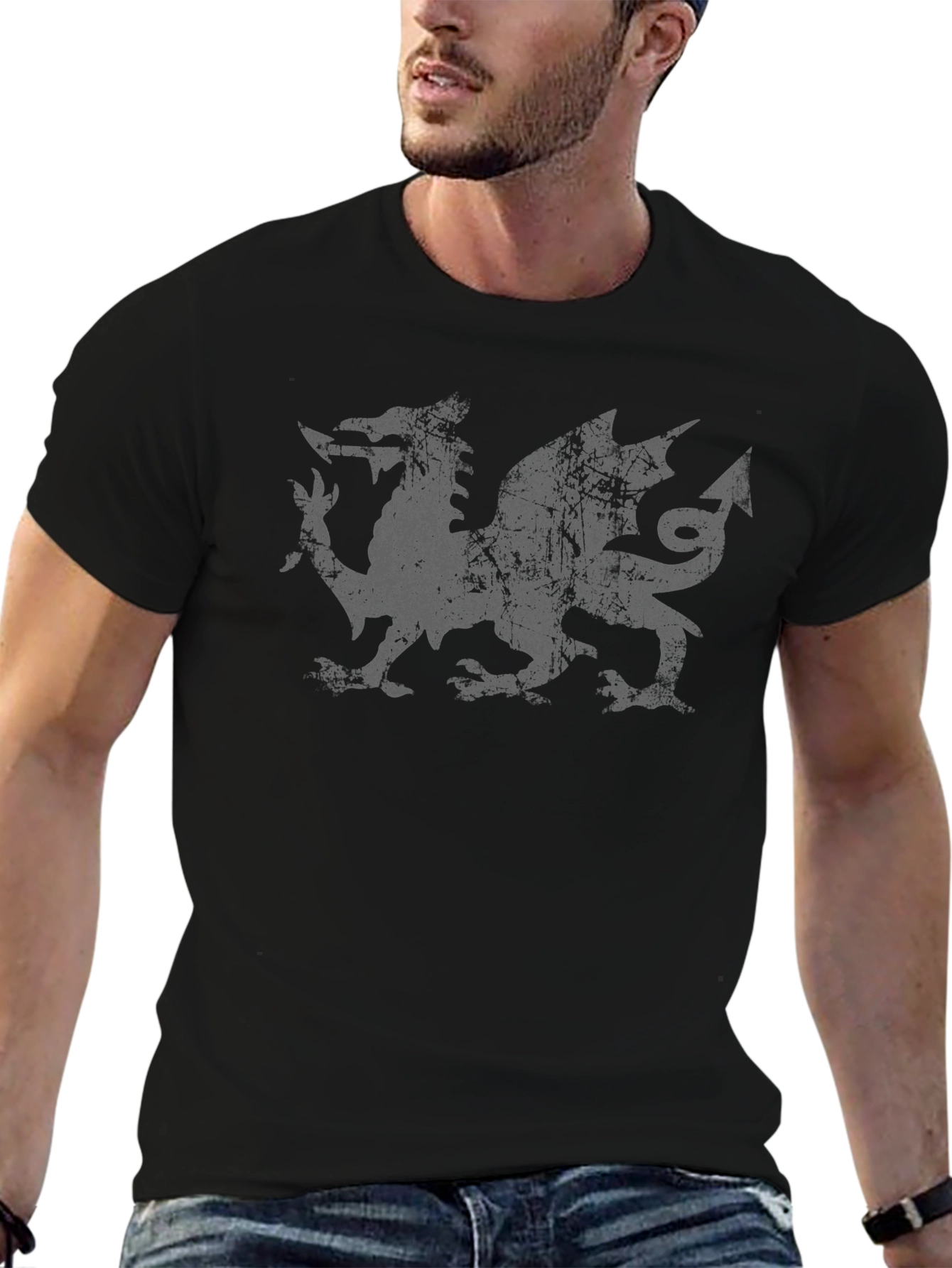 Welsh Dragon Distressed T-Shirt - Black