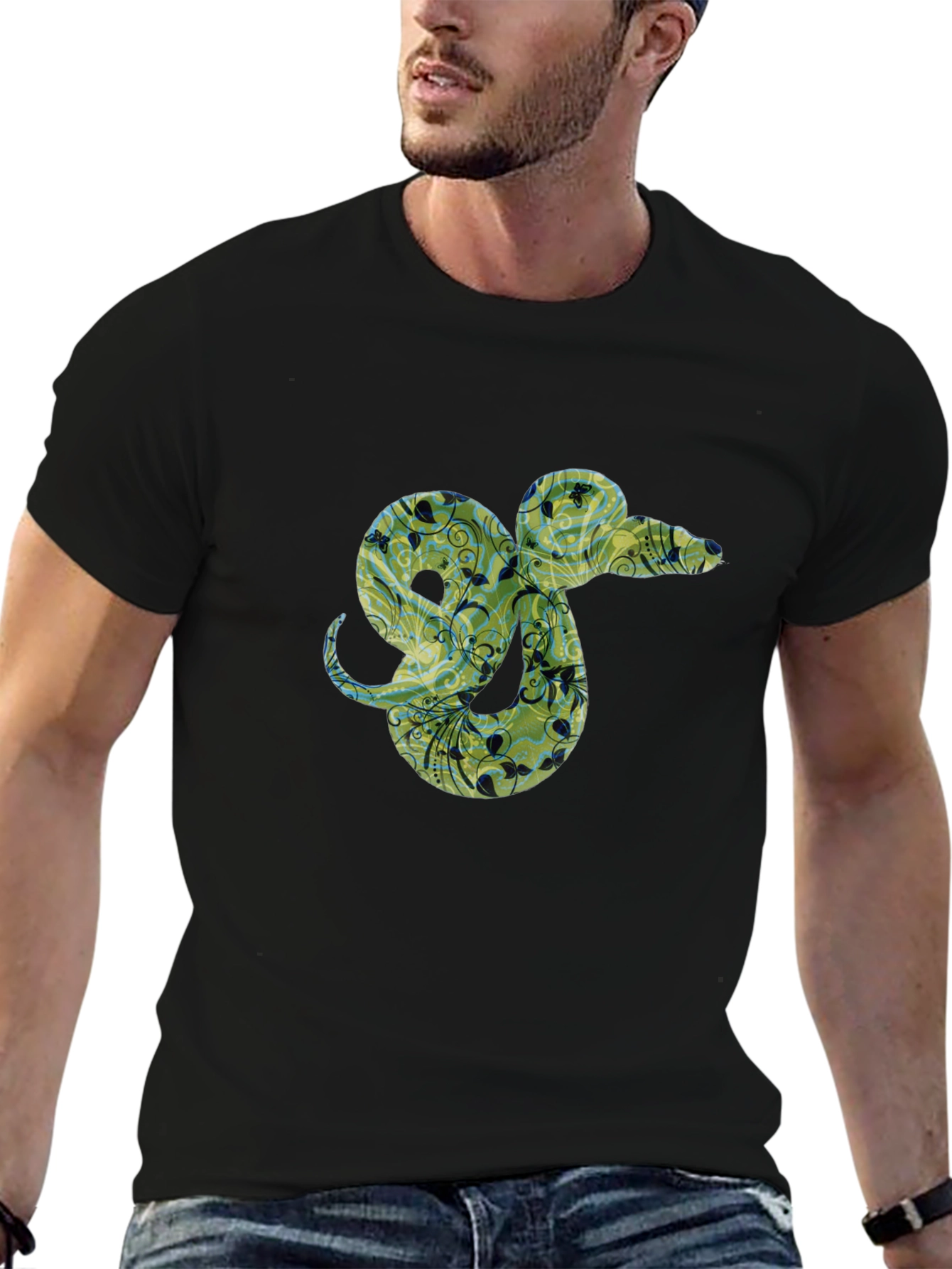 Floral Snake Graphic Tee - Black Casual T-Shirt
