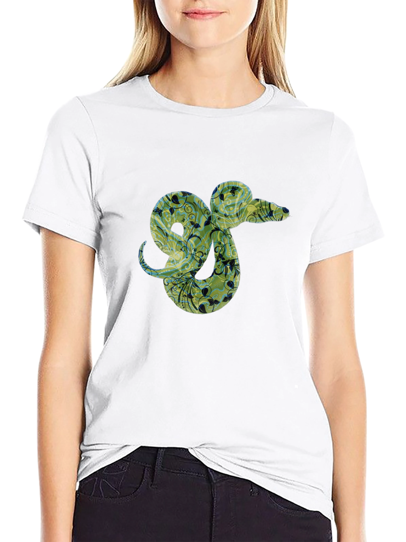 Floral Snake Graphic Tee - Black Casual T-Shirt