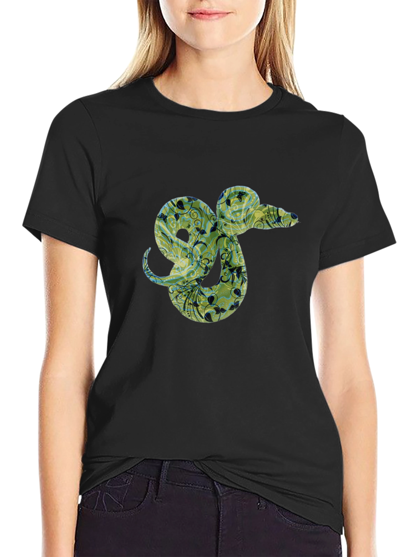 Floral Snake Graphic Tee - Black Casual T-Shirt