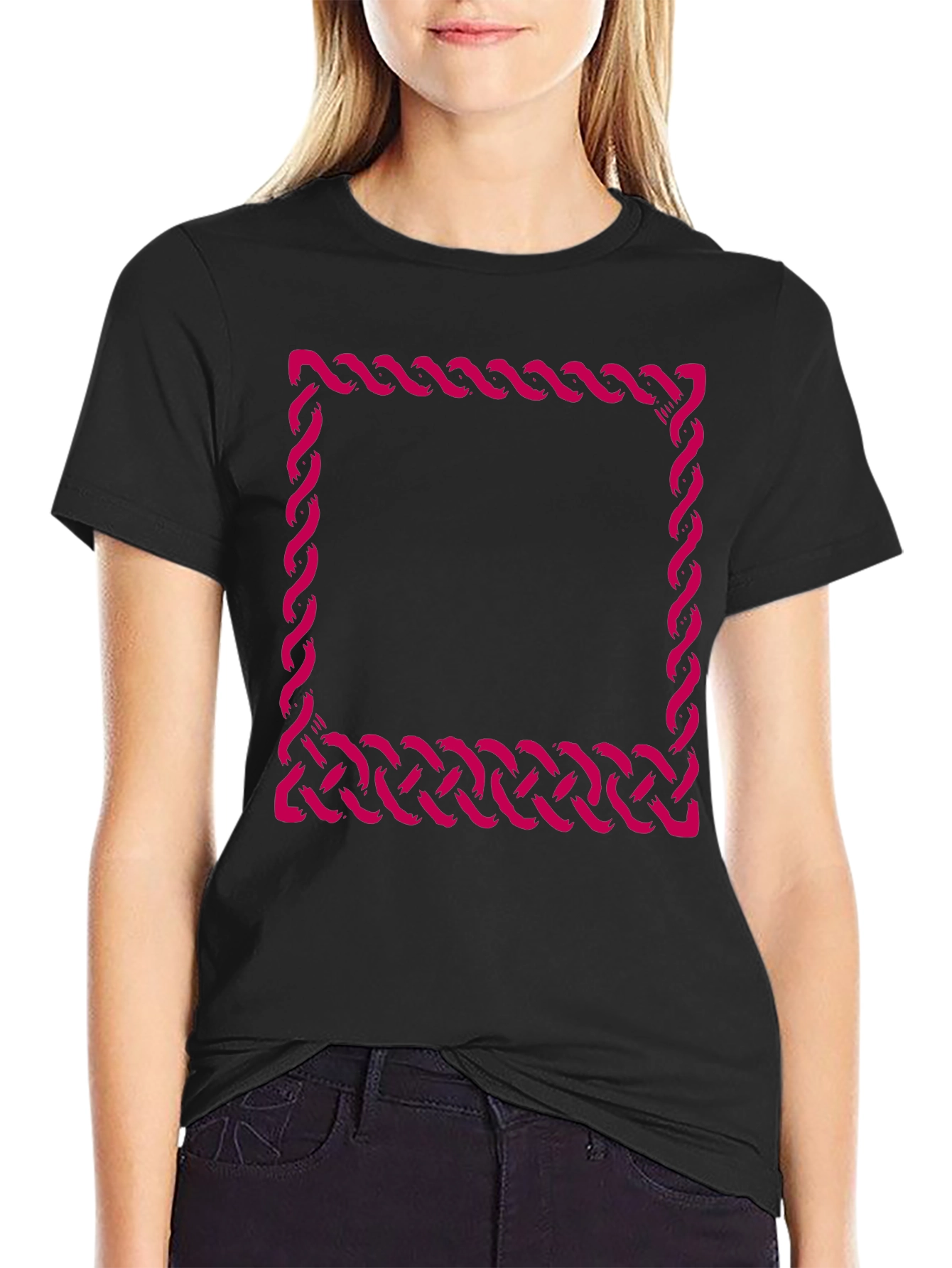 Black T-Shirt with Woven Square Design