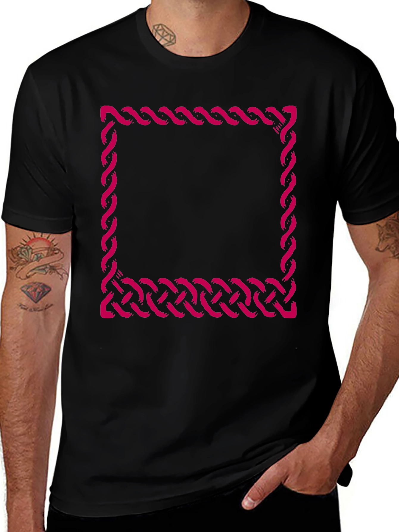 Black T-Shirt with Woven Square Design
