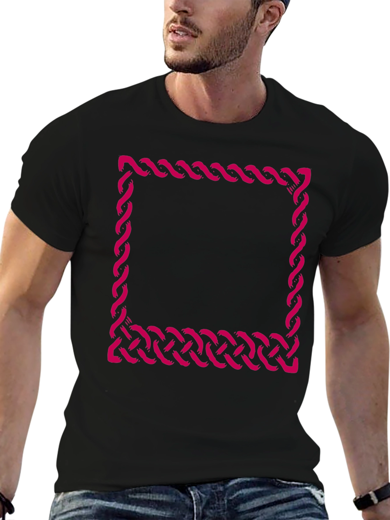 Black T-Shirt with Woven Square Design