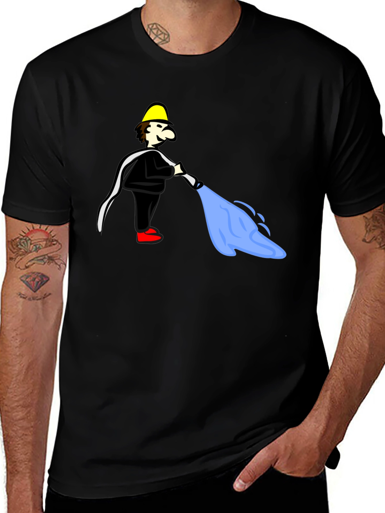 Cartoon Fireman Humor Black T-Shirt