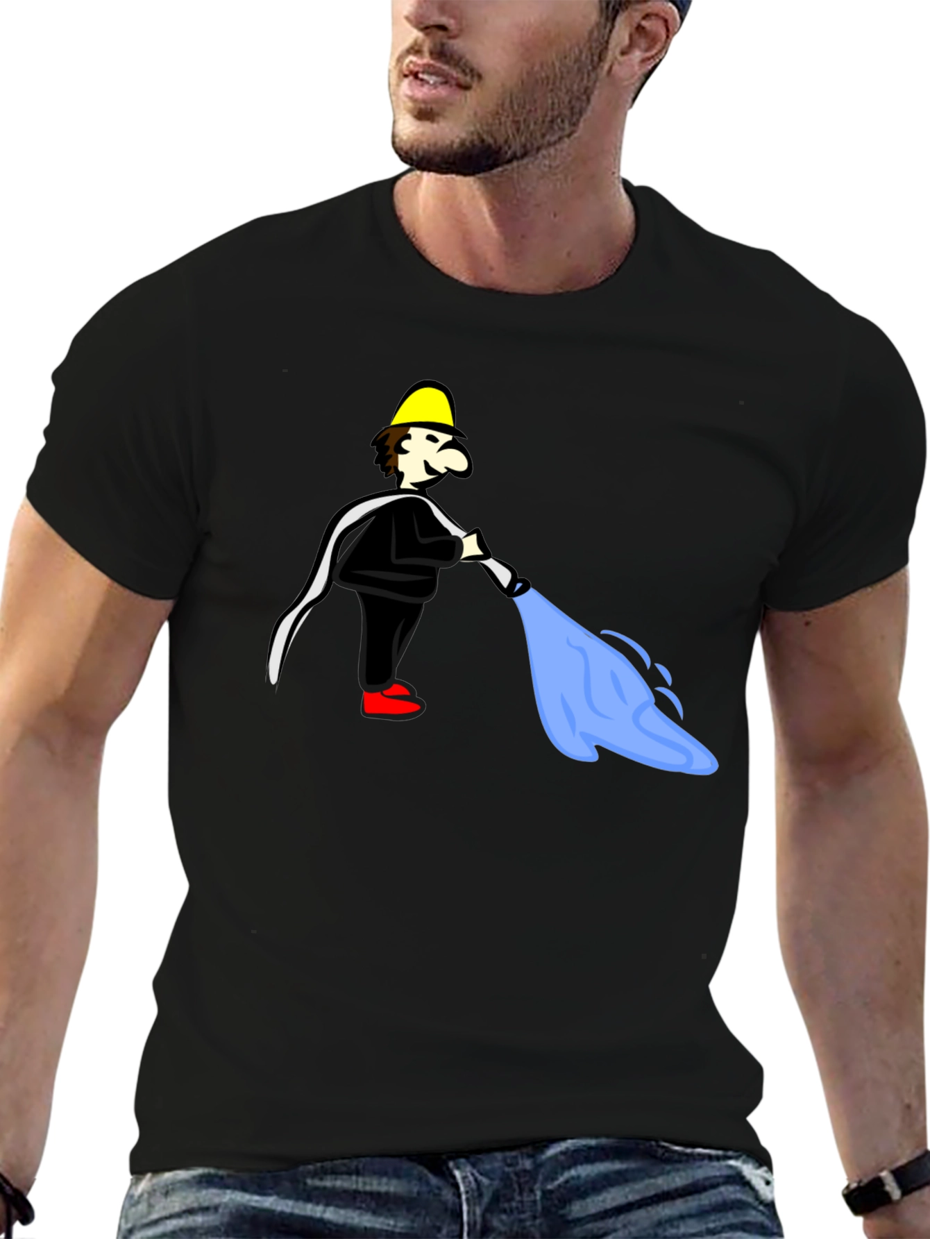Cartoon Fireman Humor Black T-Shirt