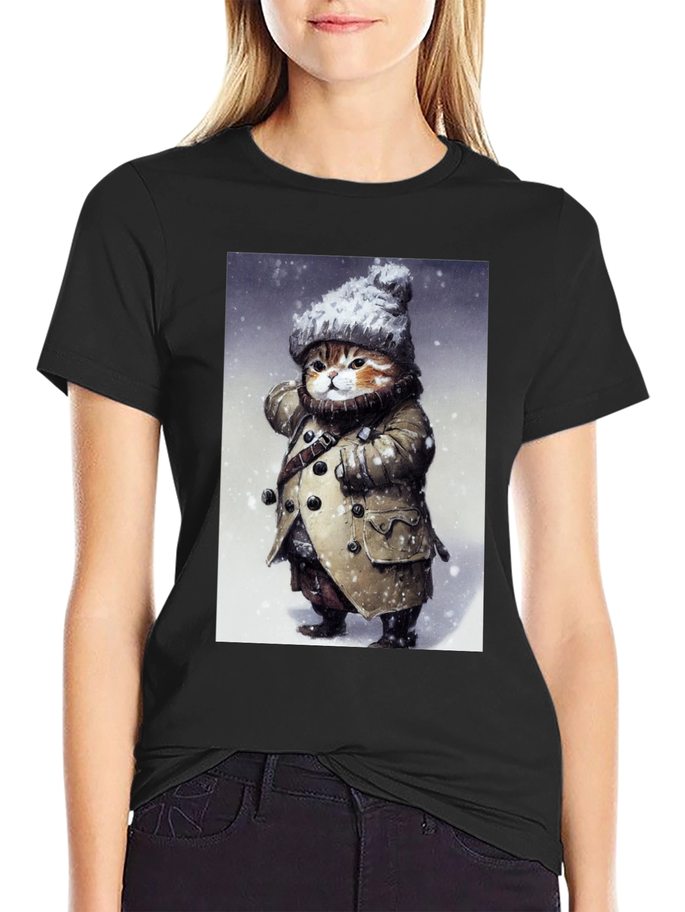 Winter Cat in Coat T-Shirt - Unique Graphic Tee