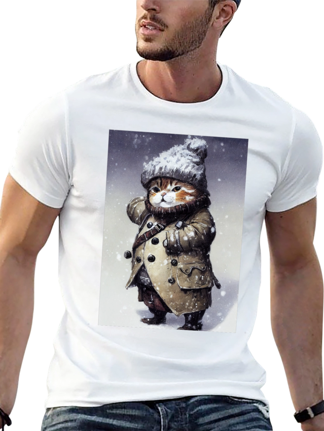 Winter Cat in Coat T-Shirt - Unique Graphic Tee