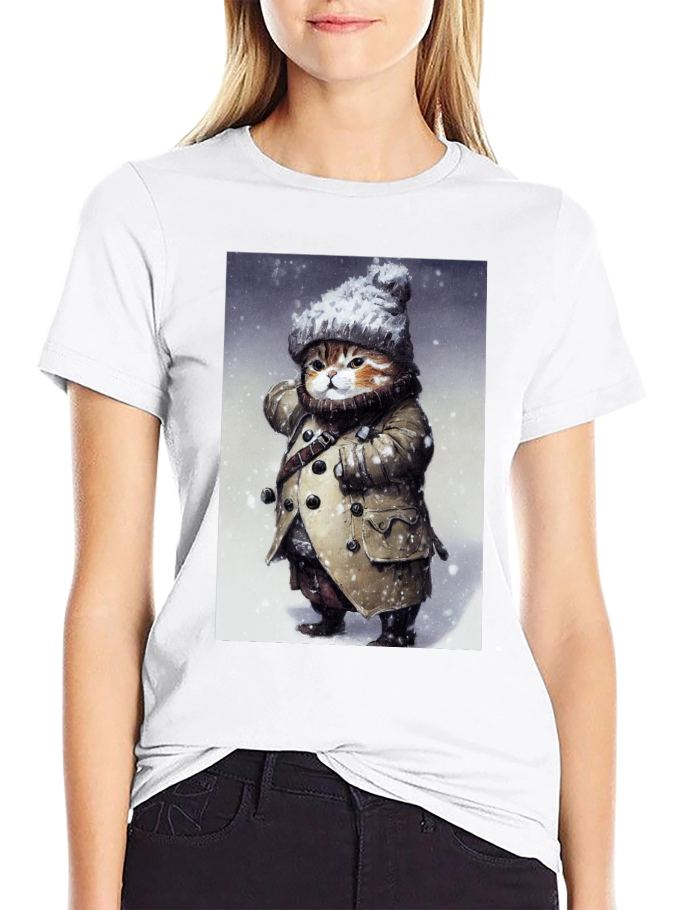 Winter Cat in Coat T-Shirt - Unique Graphic Tee